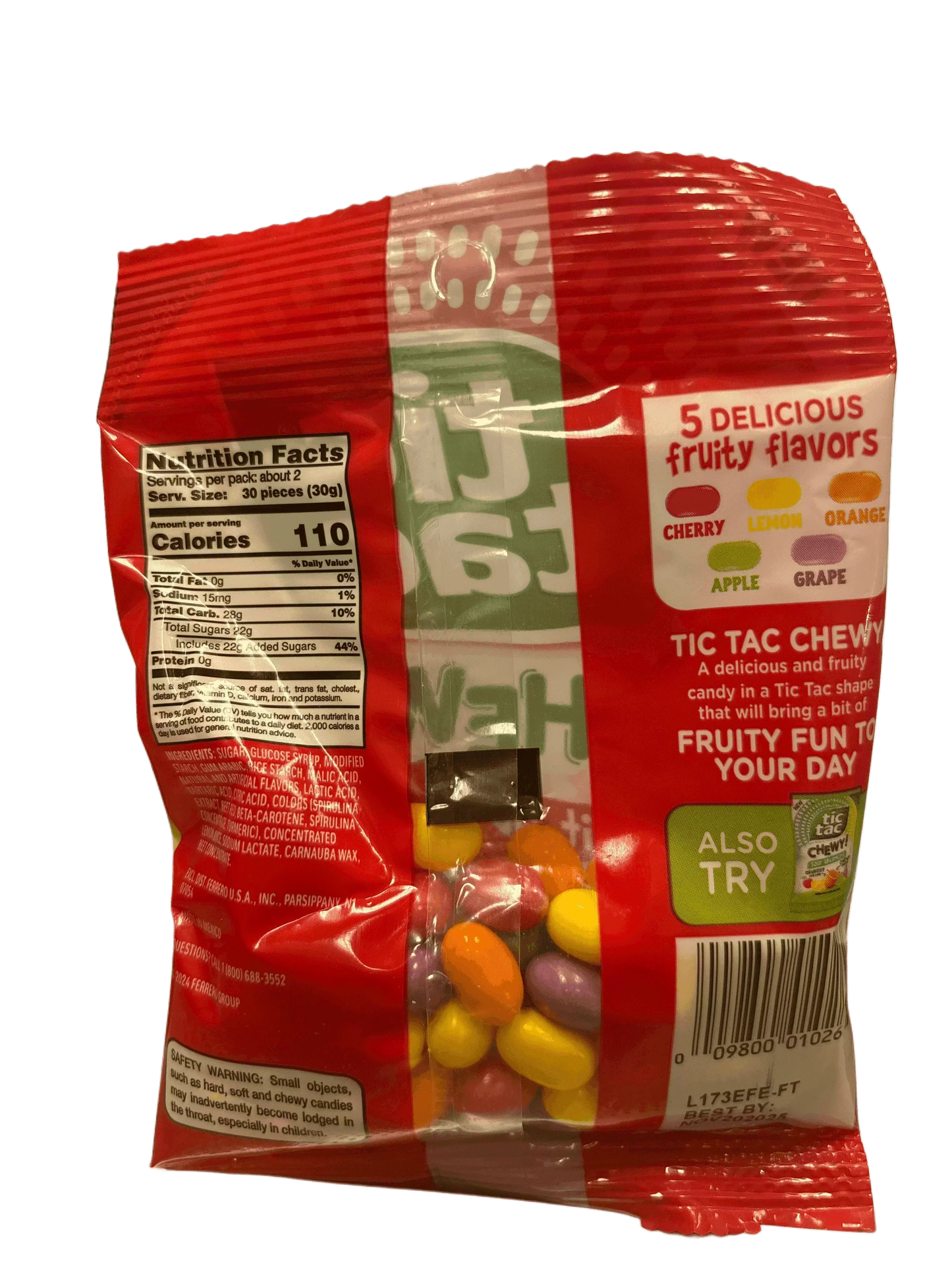 Back of Tic Tac Chewy candy bag featuring colorful fruity candy pieces and nutrition facts.