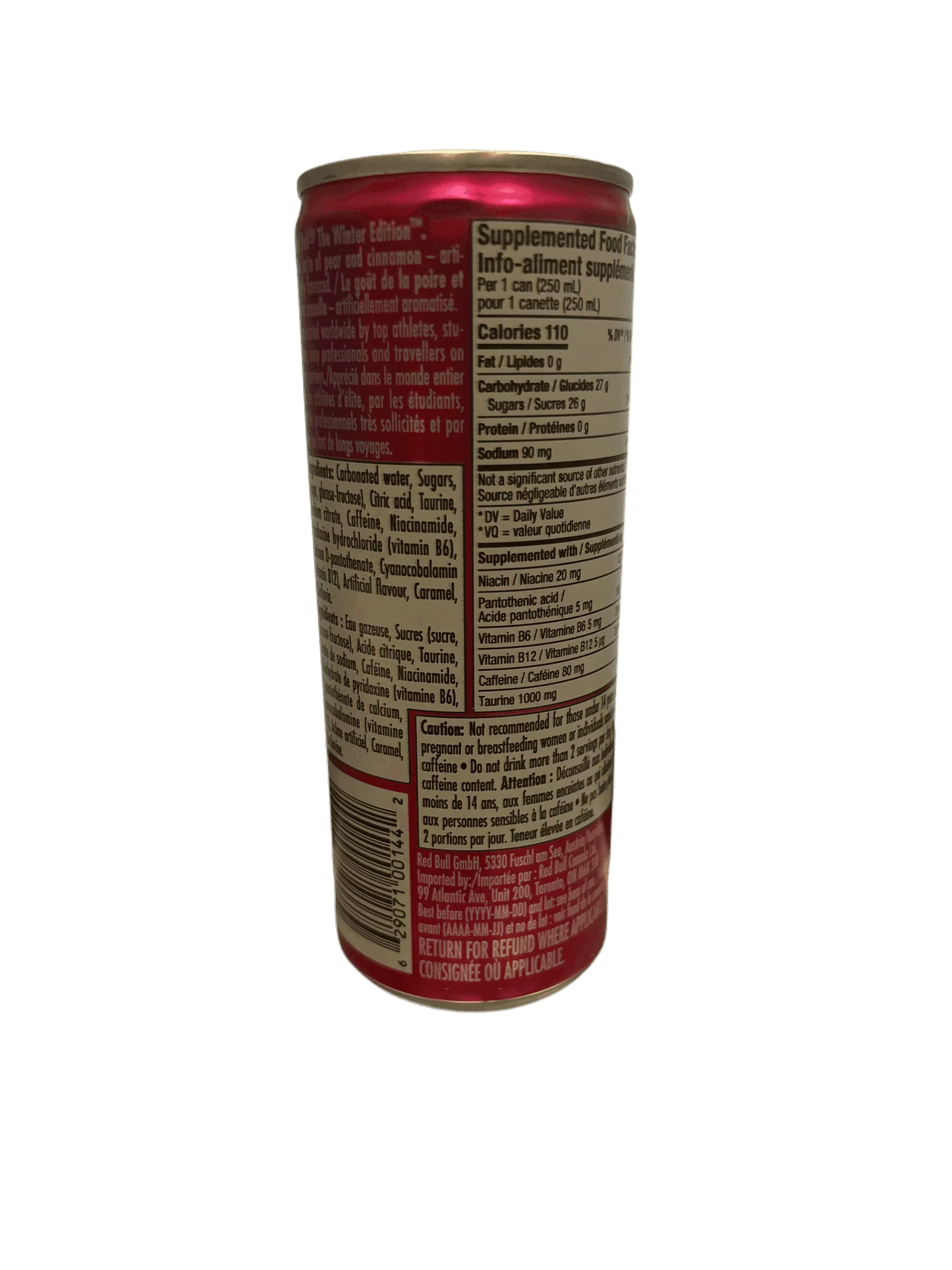 Pear and cinnamon winter edition energy drink can with nutrition facts on label