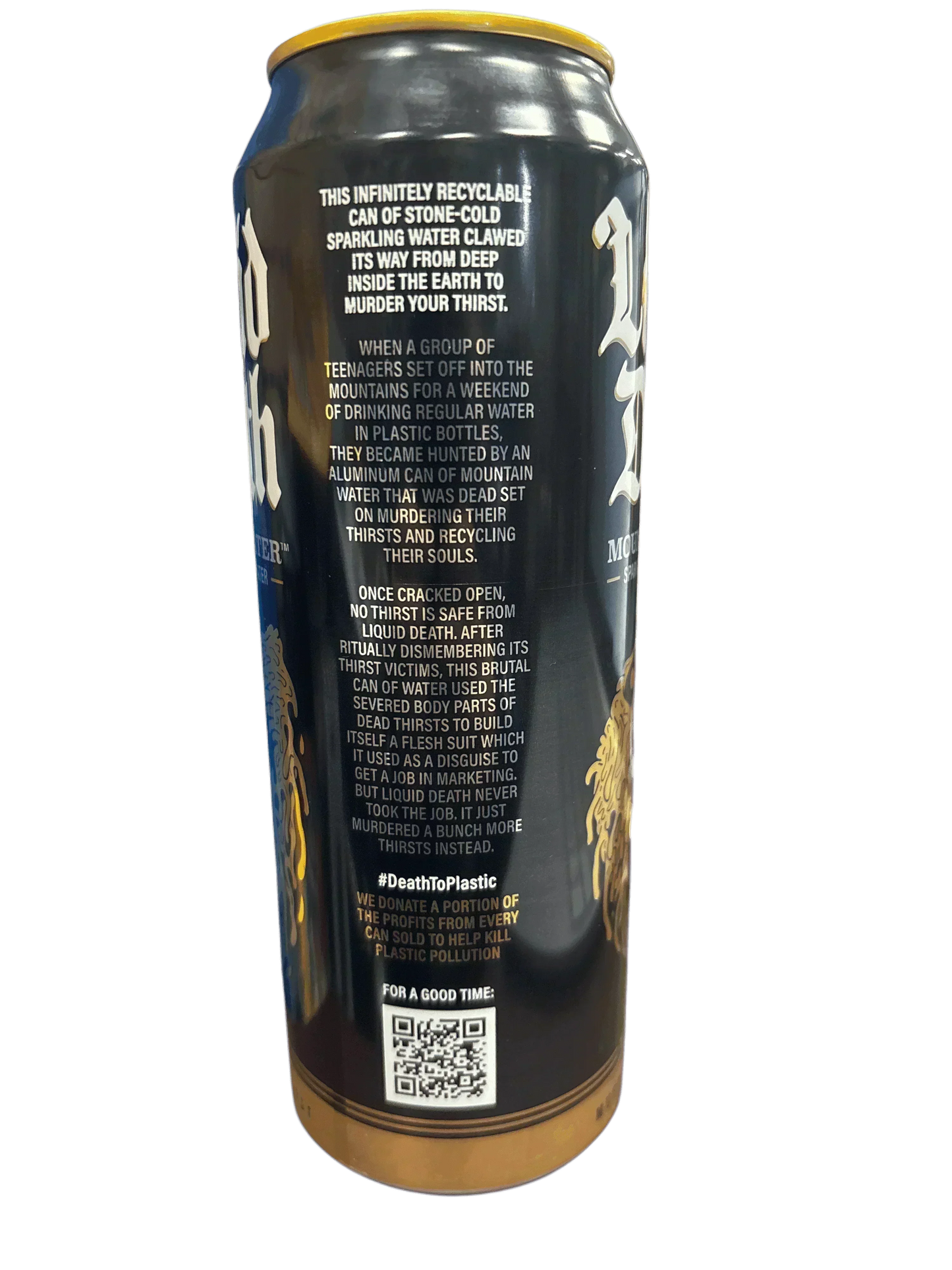 Tall black can of sparkling water with bold text and gold accents, featuring recycling and anti-plastic messages.