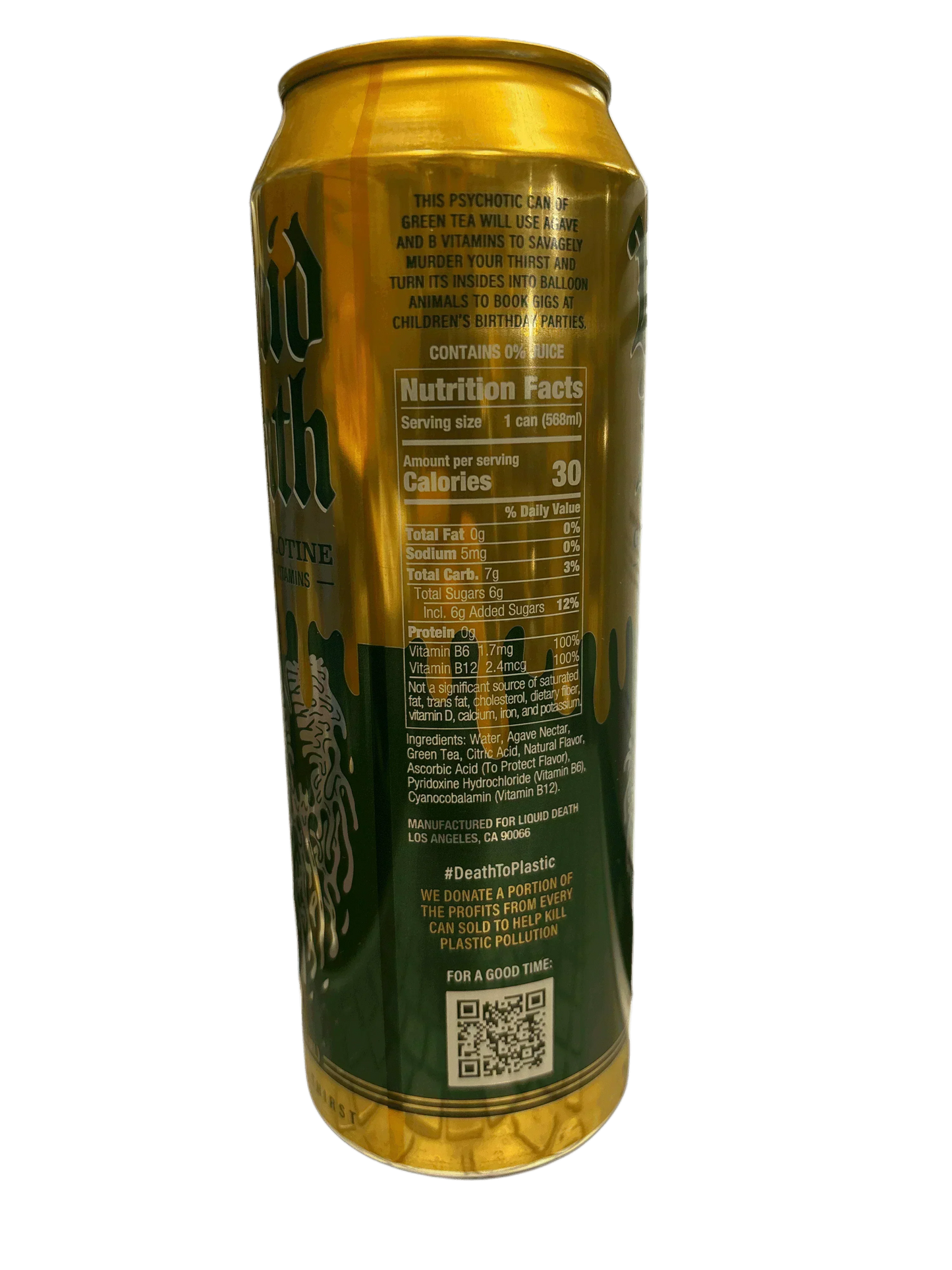 Tall can of green tea drink with nutrition facts and ingredients on metallic label, exotic snack beverage.