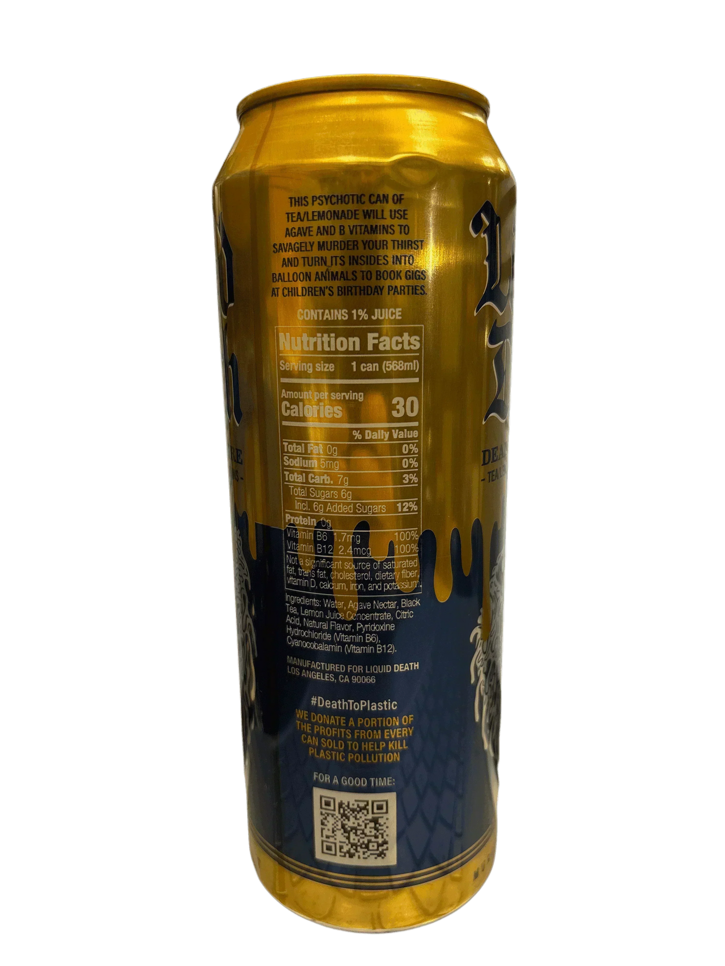 Tall yellow and blue can of lemonade iced tea with nutrition facts and bold text on the back label