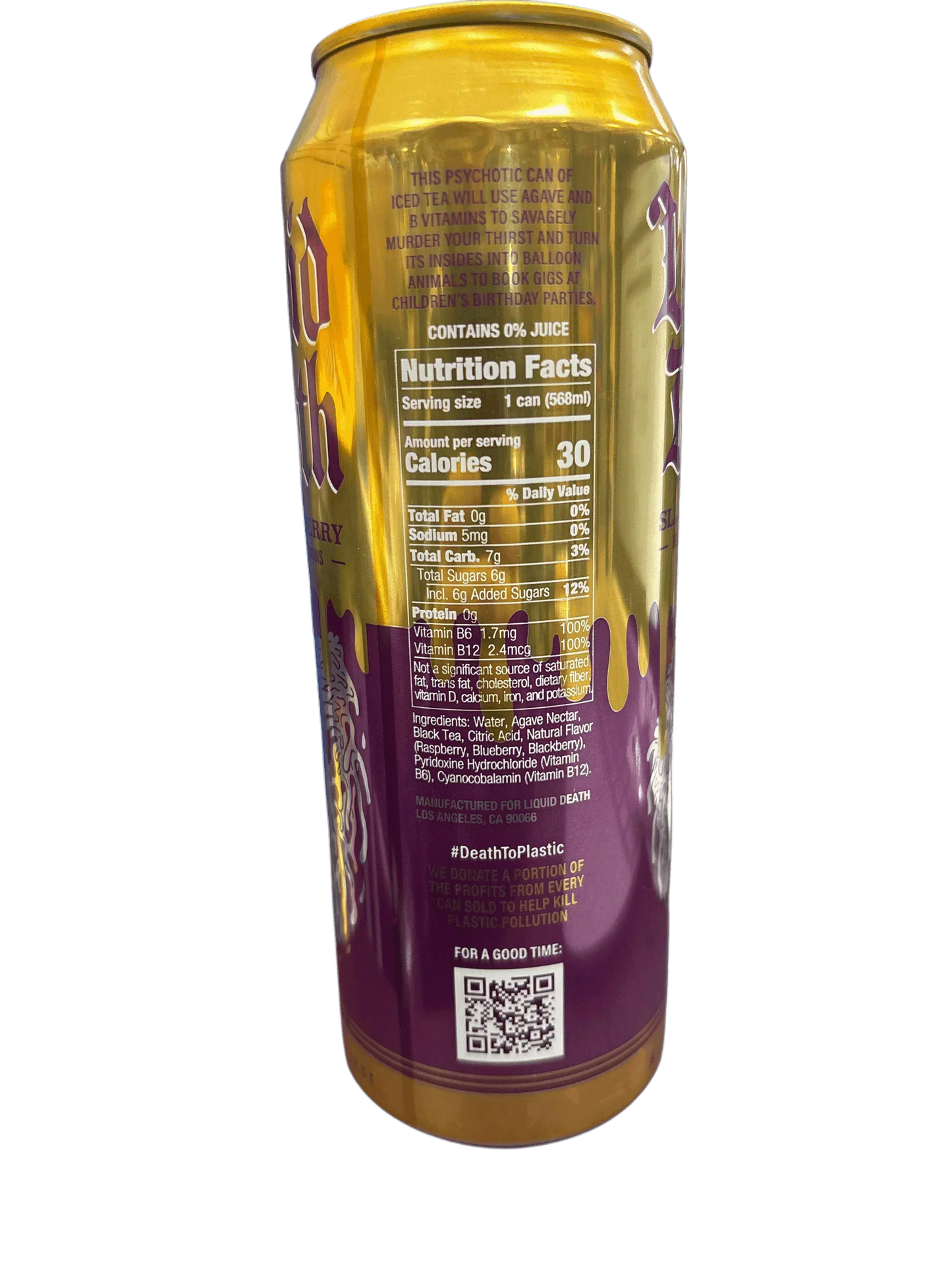 Tall can of fruit flavored iced tea showing nutrition facts, ingredients, and bold yellow-purple design