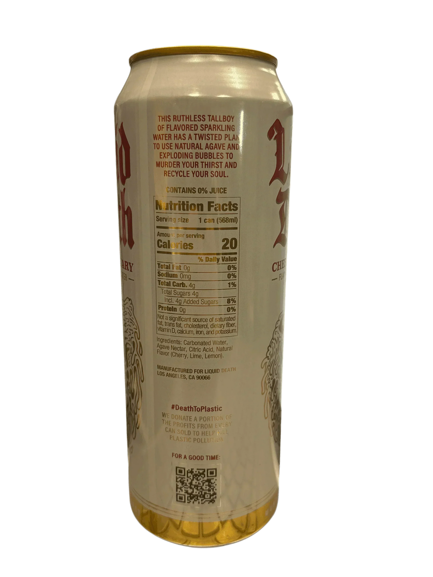 Flavorful sparkling water tall can with nutrition facts and gold bottom, imported drink