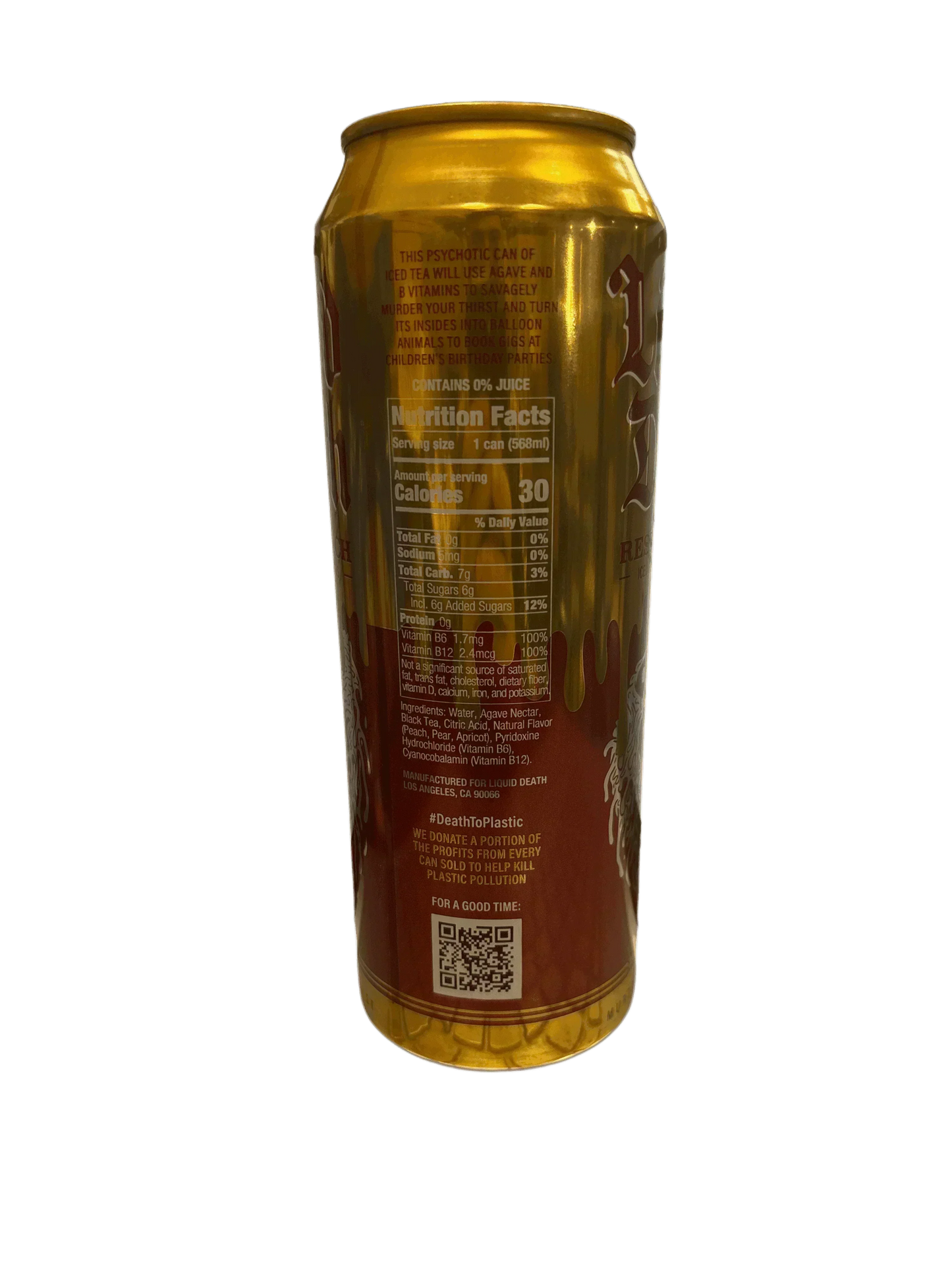 Tall can of iced tea with gold and red design, nutrition facts and QR code, exotic drink