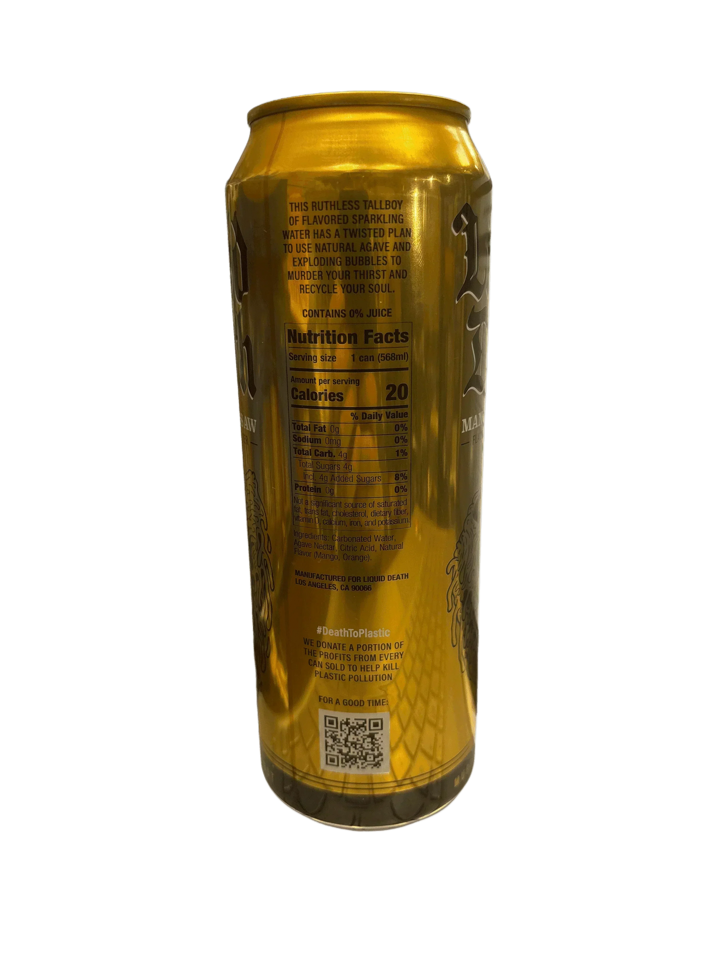 Tall yellow can of sparkling water with nutrition facts and QR code, exotic snack import.