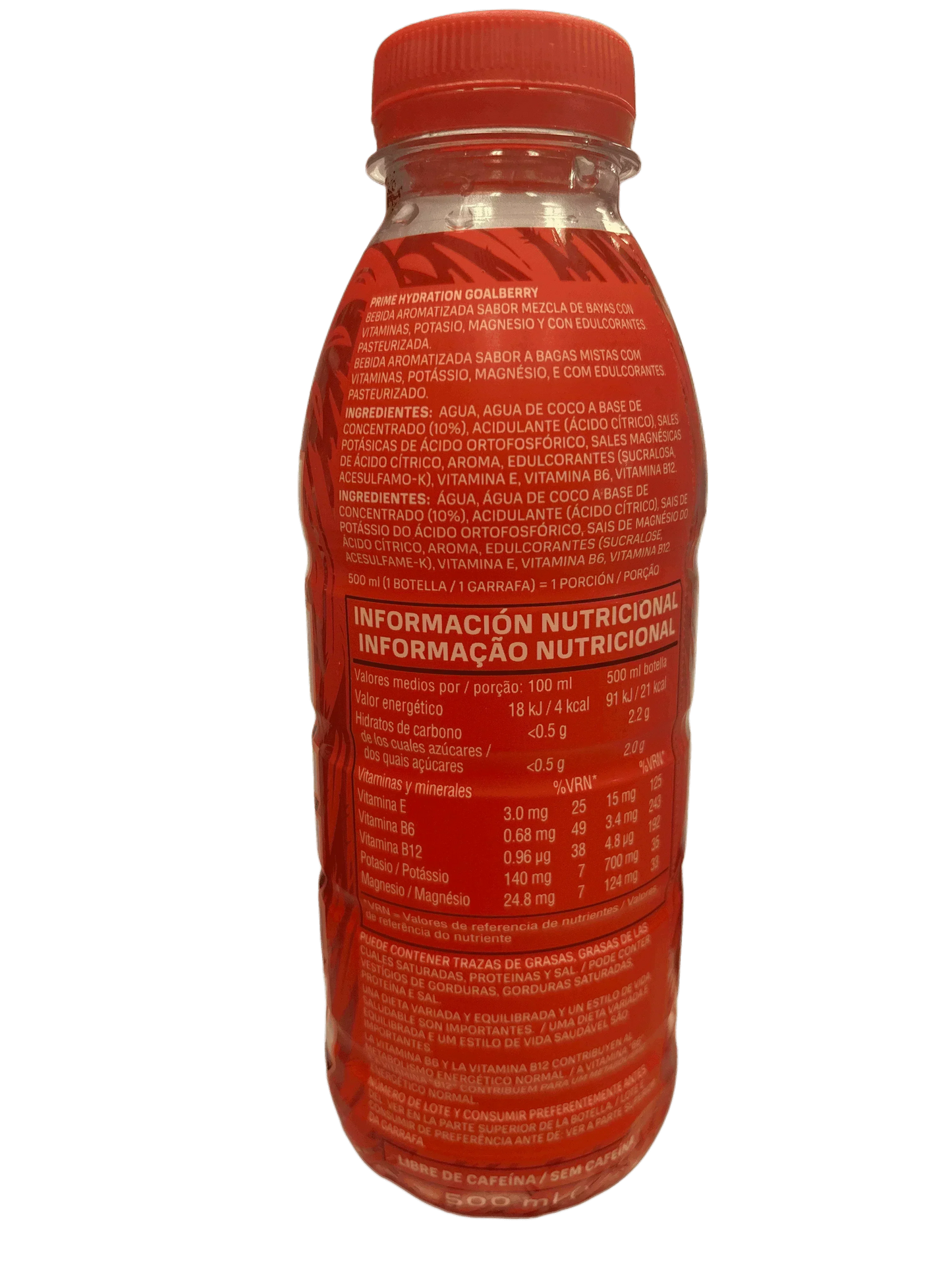 Back of a red Prime Hydration Goalberry bottle showing nutrition facts and ingredients in Spanish and Portuguese.