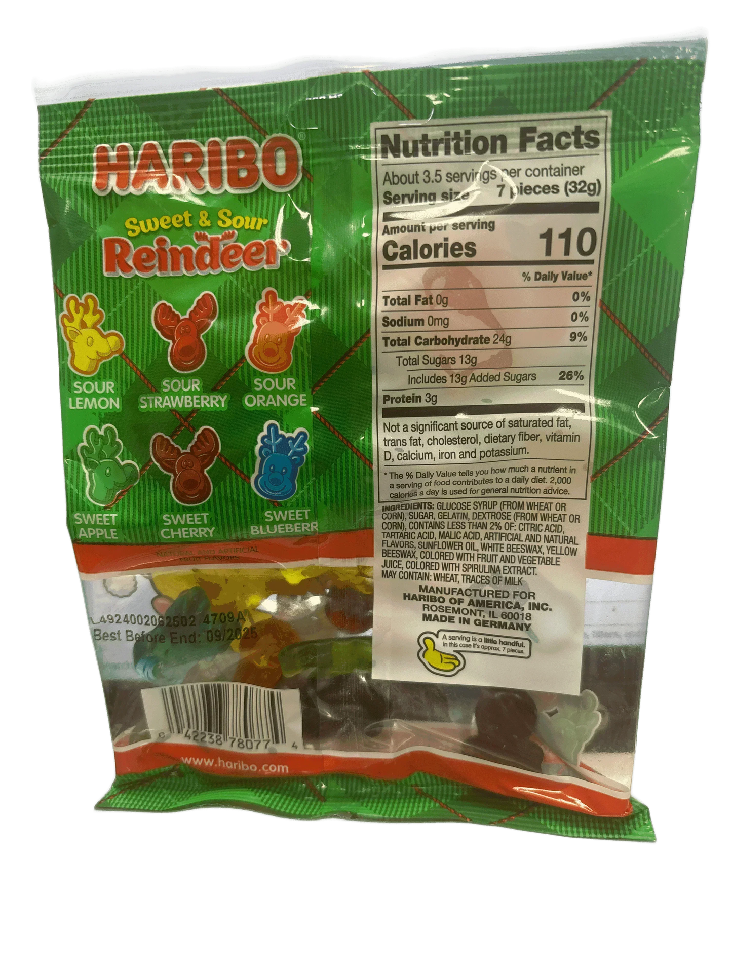 Haribo Sweet & Sour Reindeer candy bag with nutrition facts and assorted gummy flavors