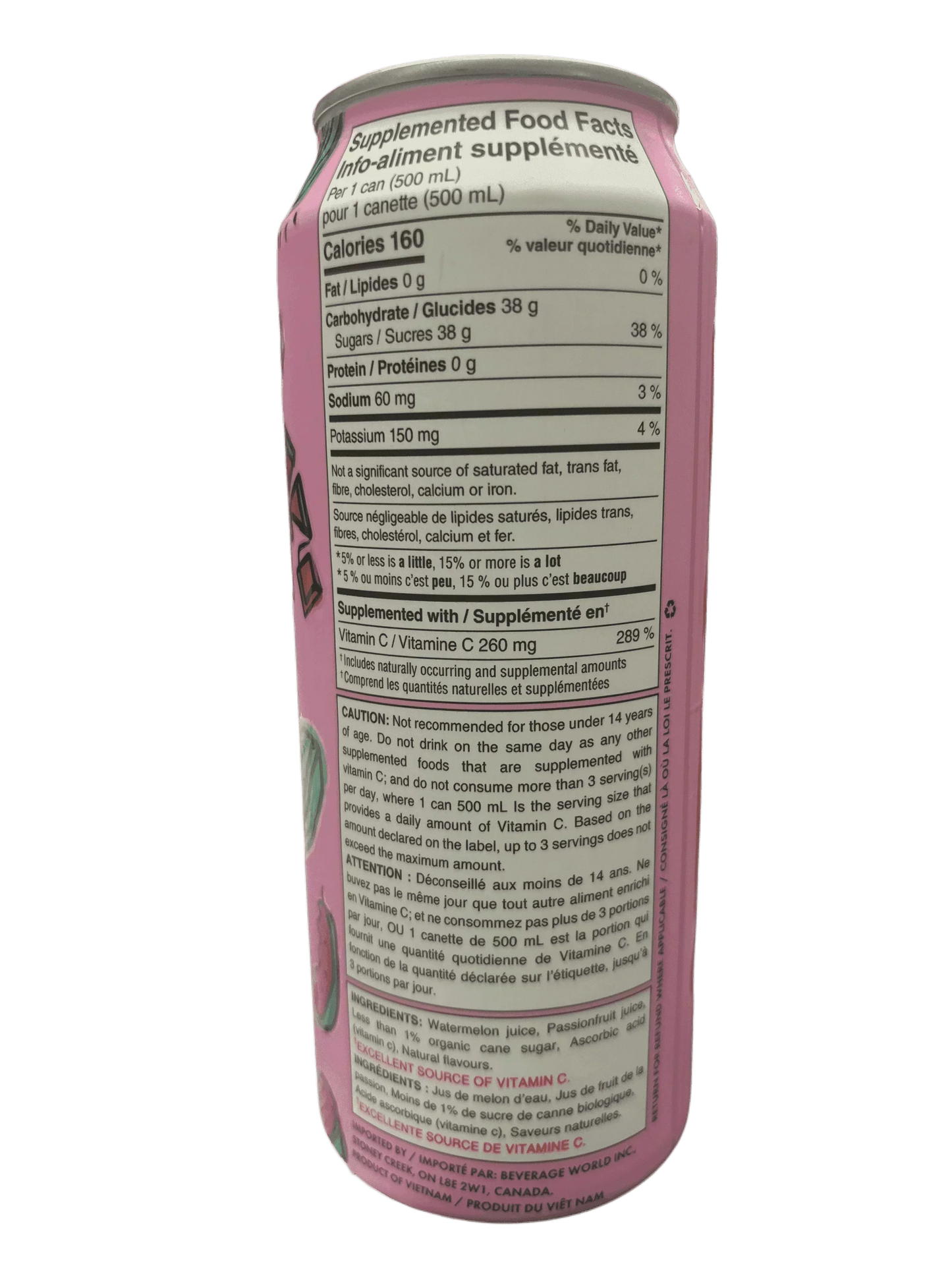 Pink exotic watermelon passionfruit drink can with nutrition facts and supplement label