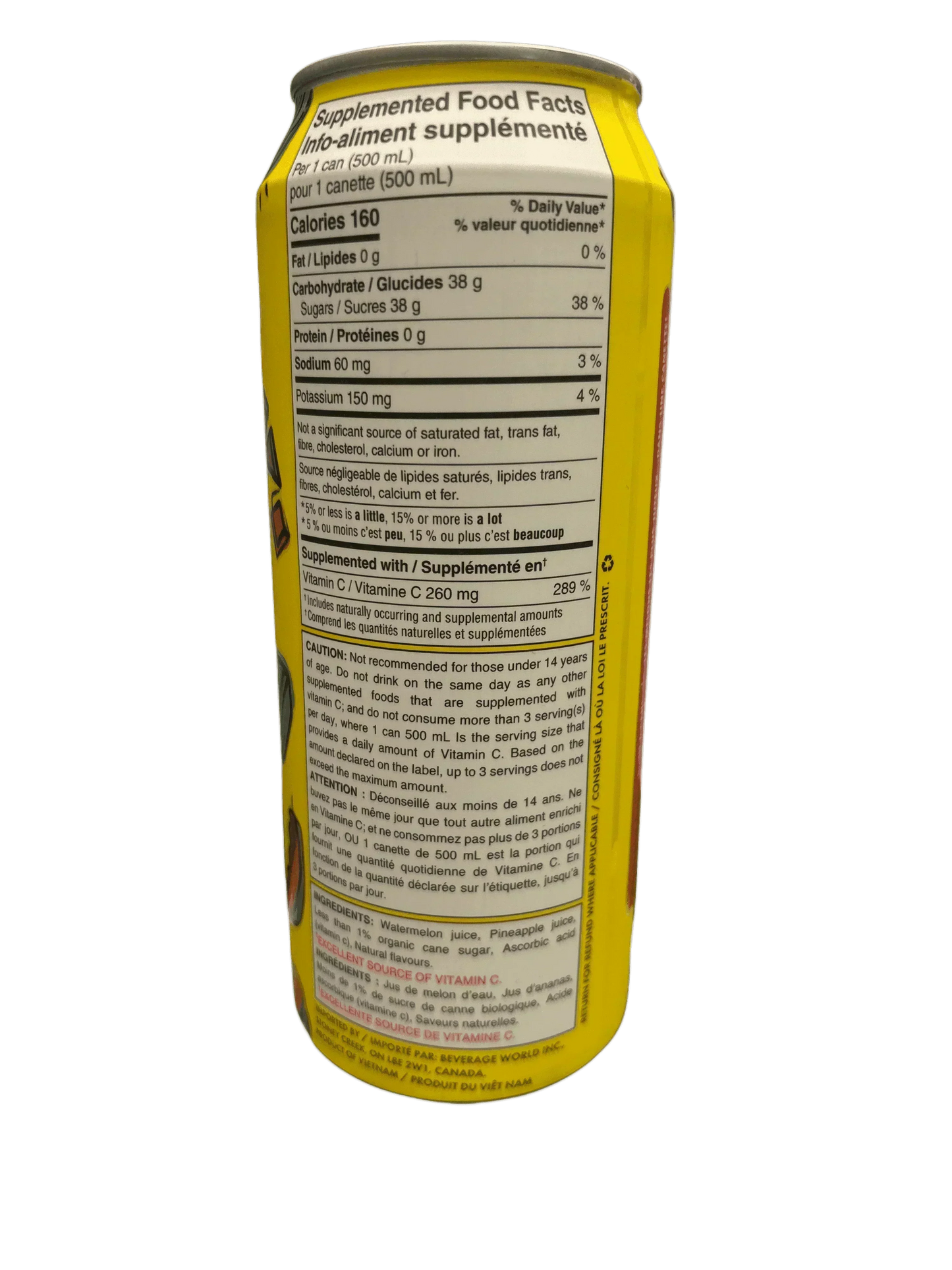 Close-up of nutritional label on a yellow exotic imported drink can with supplement facts.