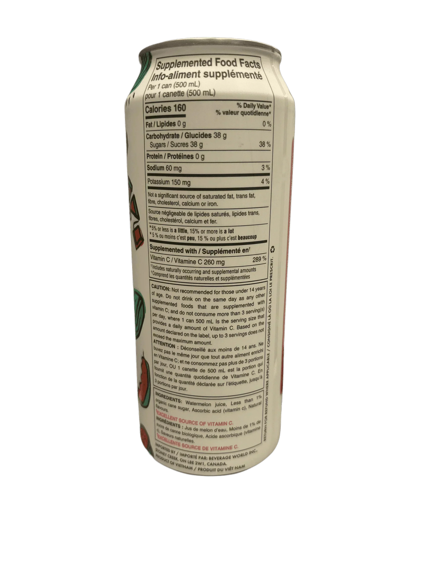Nutrition facts label and ingredients on the back of a canned exotic drink