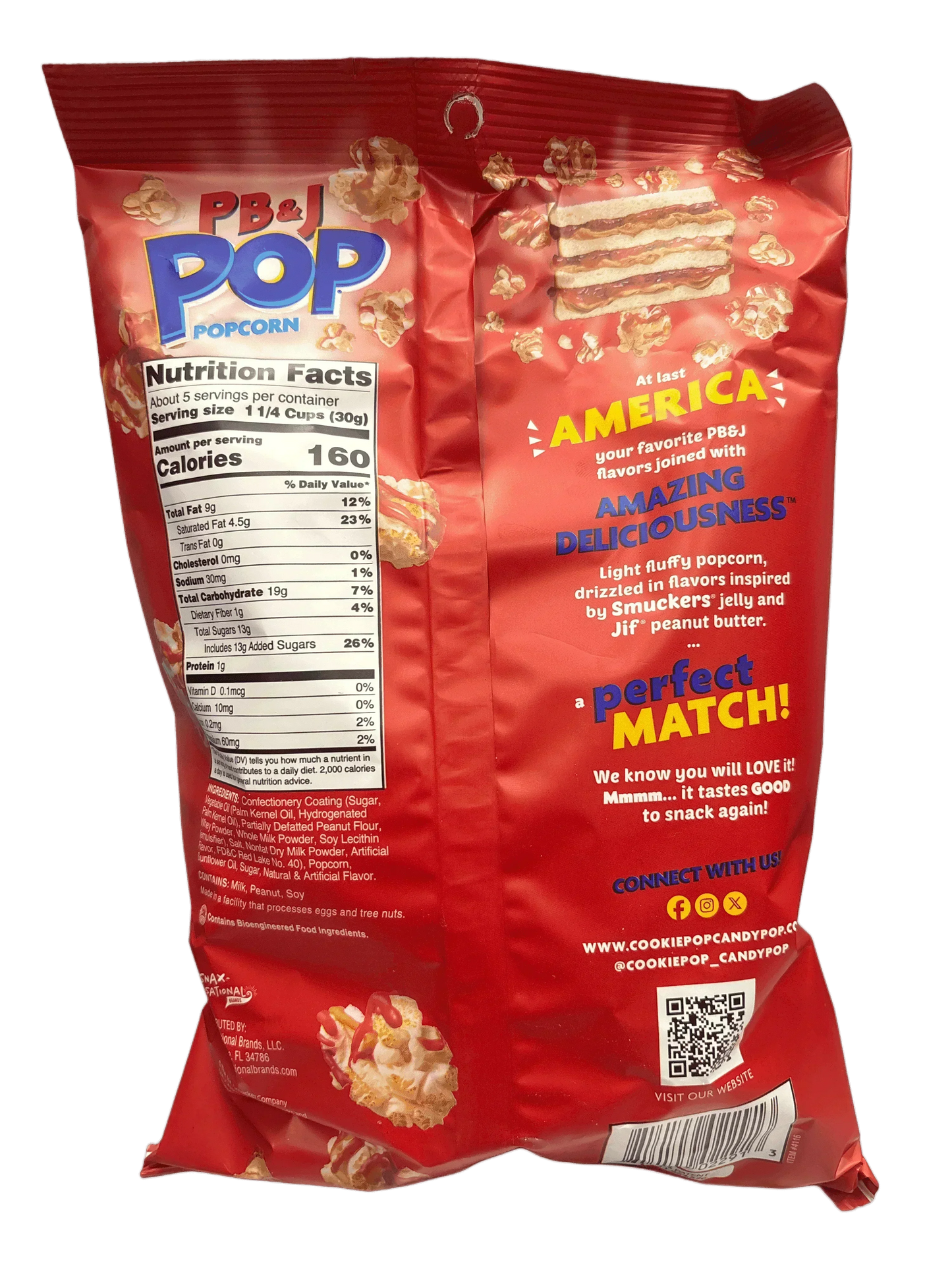 PB&J Pop Popcorn bag with nutrition facts and product description on red packaging.