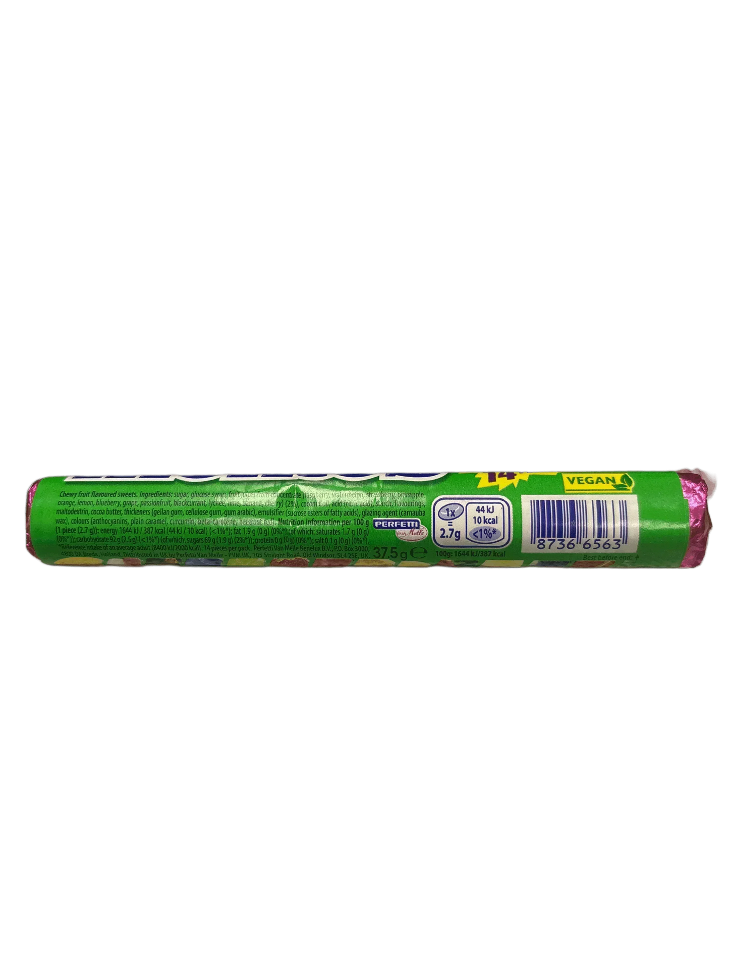 Back view of a colorful fruit-flavored candy package with nutrition info and barcode