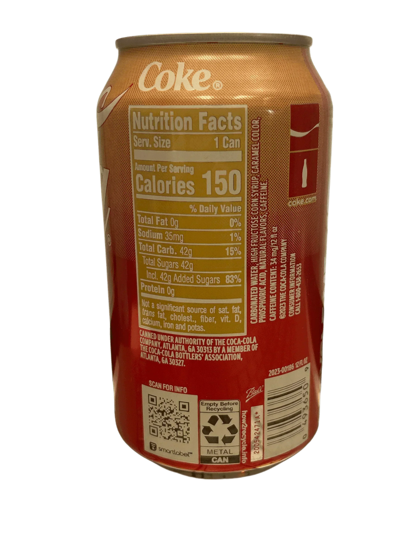 Coke can with detailed nutrition facts, imported soft drink, world snack beverage