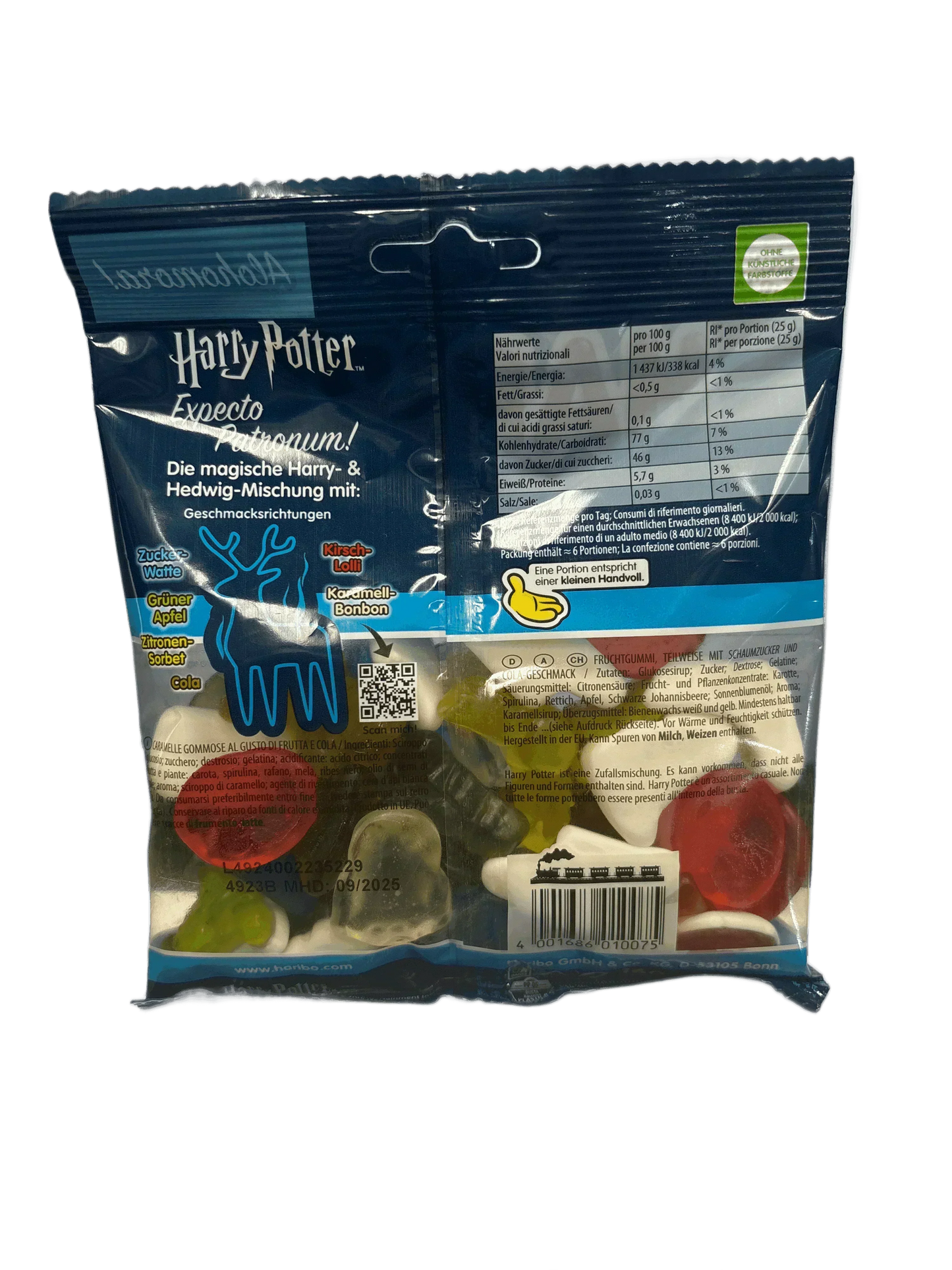 Back of Harry Potter themed gummy candy bag with nutrition facts and assorted gummies visible