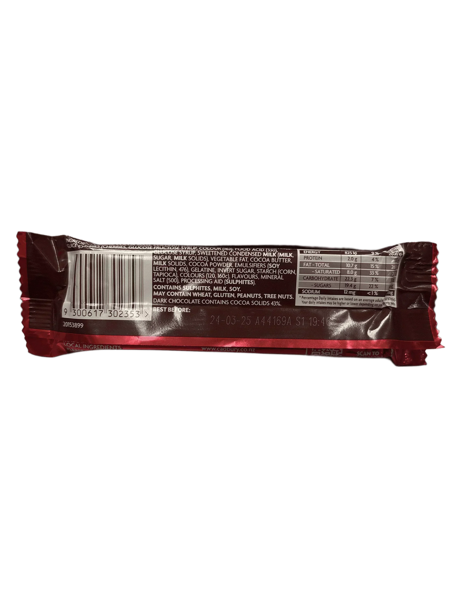 Back of imported chocolate bar showing ingredients, nutrition label, and barcode.
