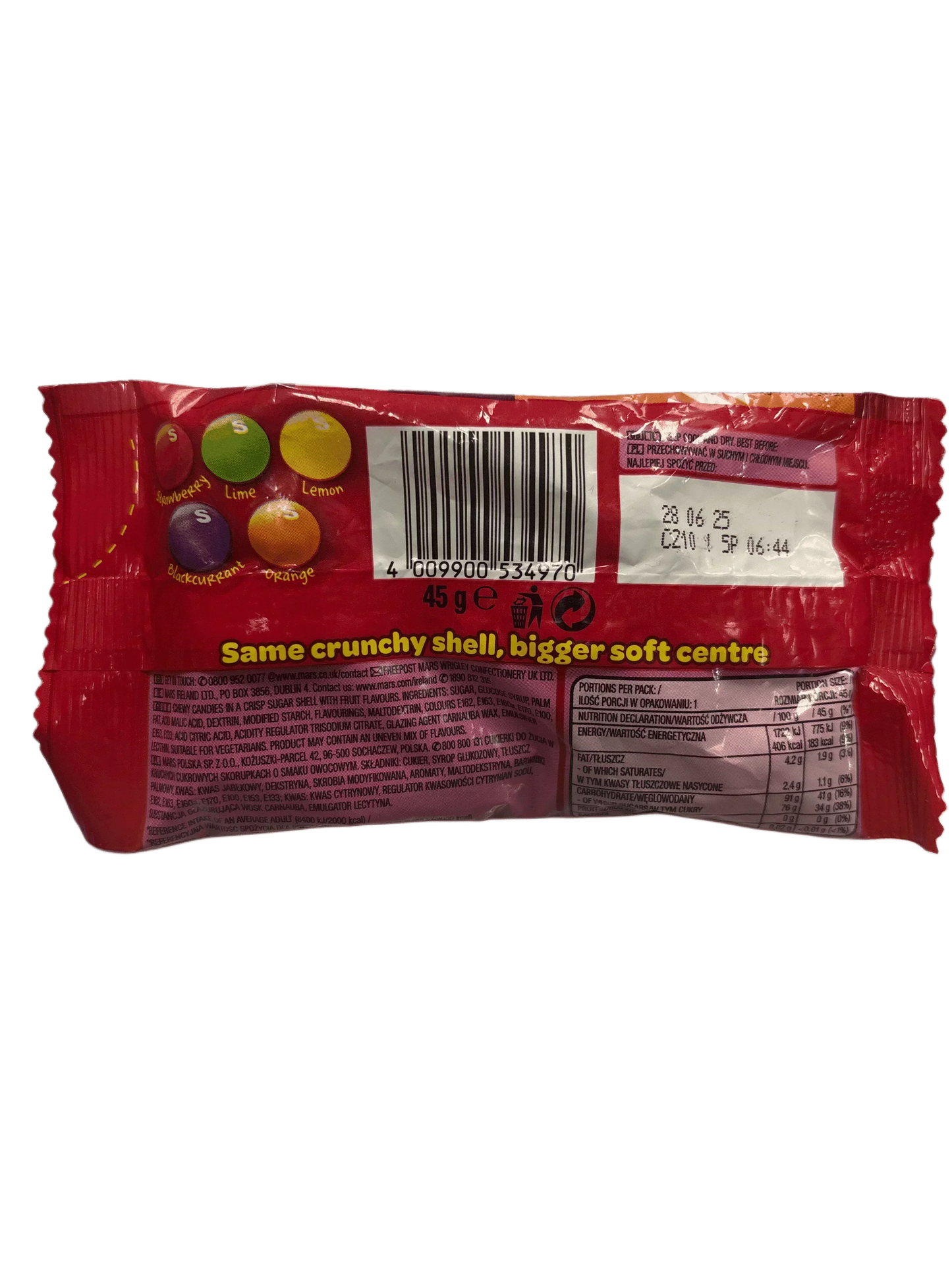 Back of assorted fruit candy package with flavor icons, barcode, and nutrition facts