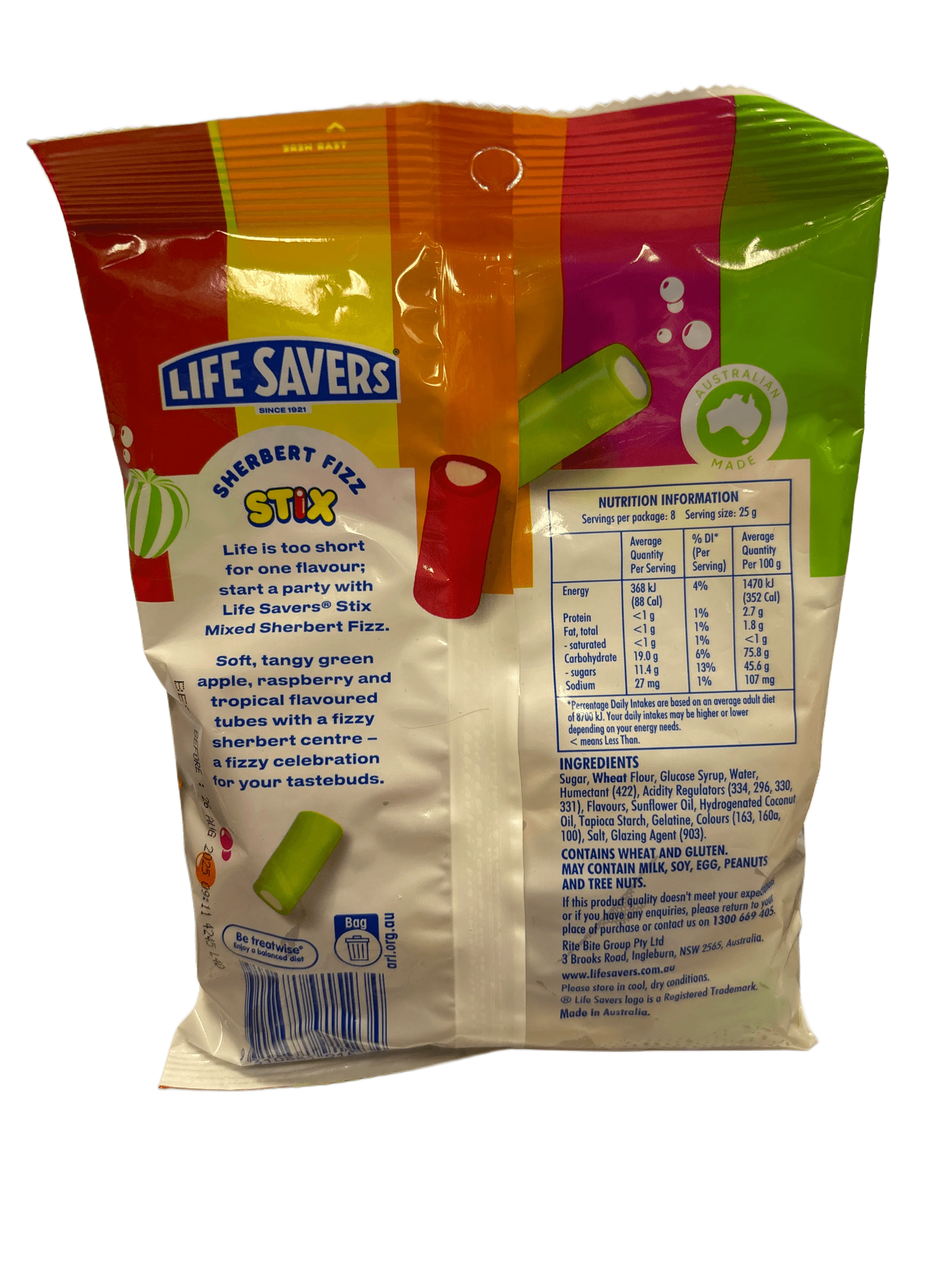 Back of Life Savers Sherbert Fizz Stix candy bag with colorful packaging and nutrition info