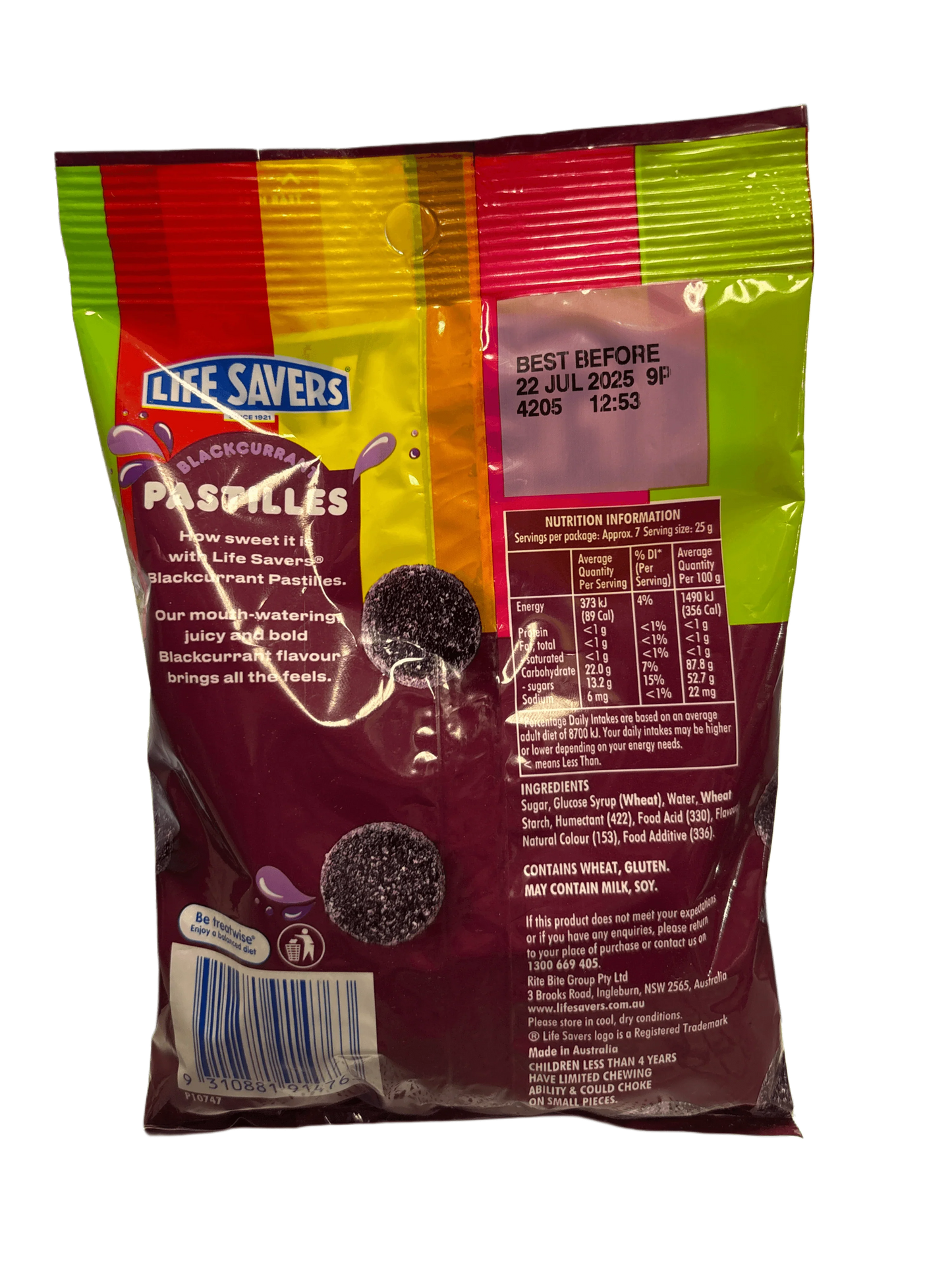 Bag of Life Savers Blackcurrant Pastilles exotic candy with nutrition and ingredient info