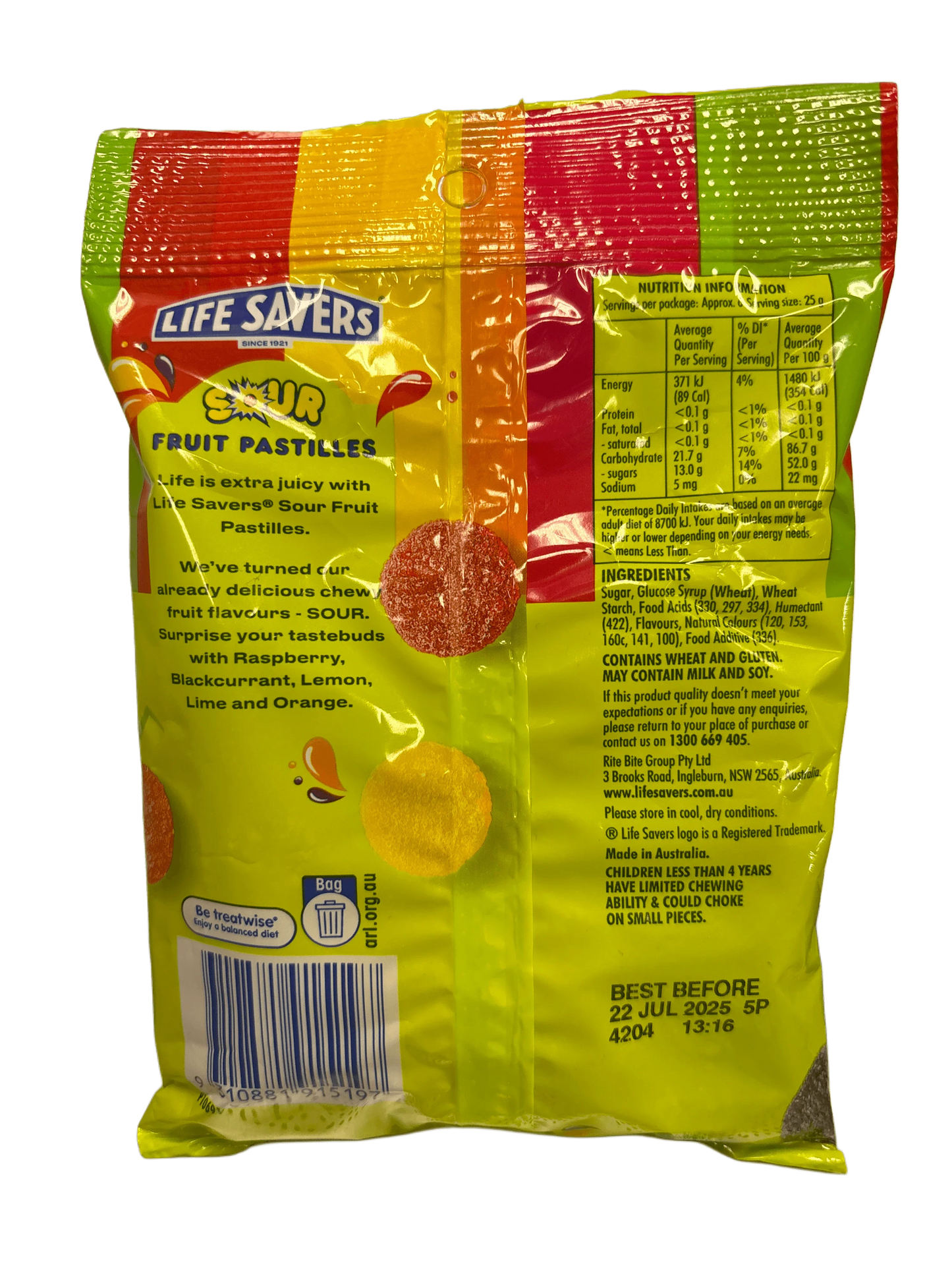 Back of Life Savers Sour Fruit Pastilles candy bag showing ingredients and nutrition info