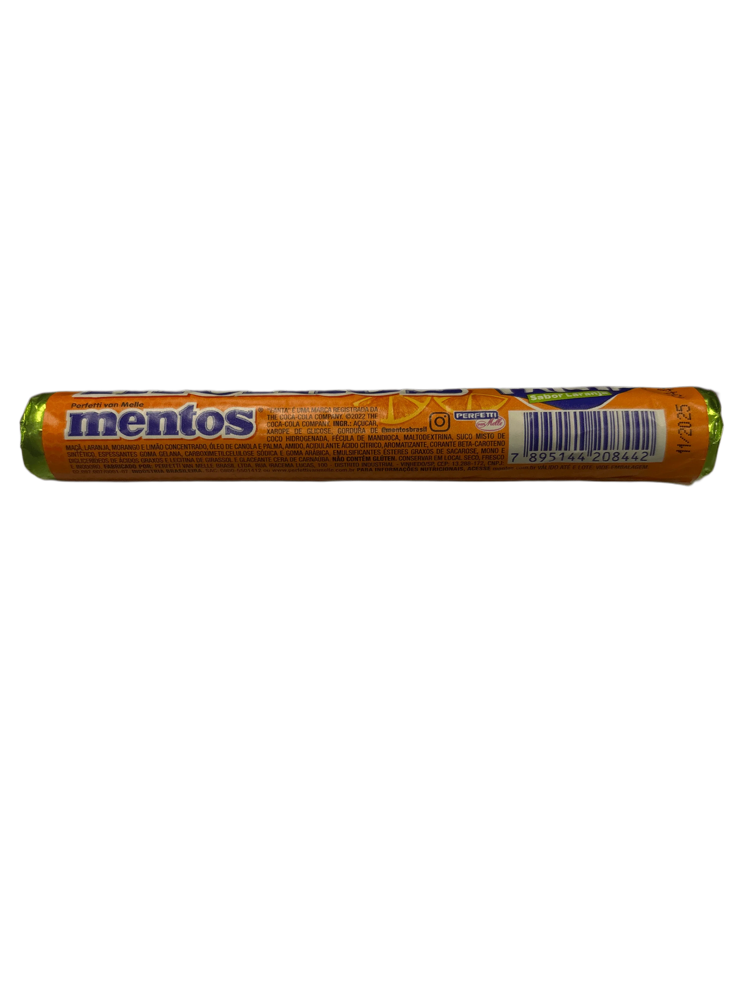 Pack of Mentos exotic fruit candy with orange wrapper and visible ingredients list