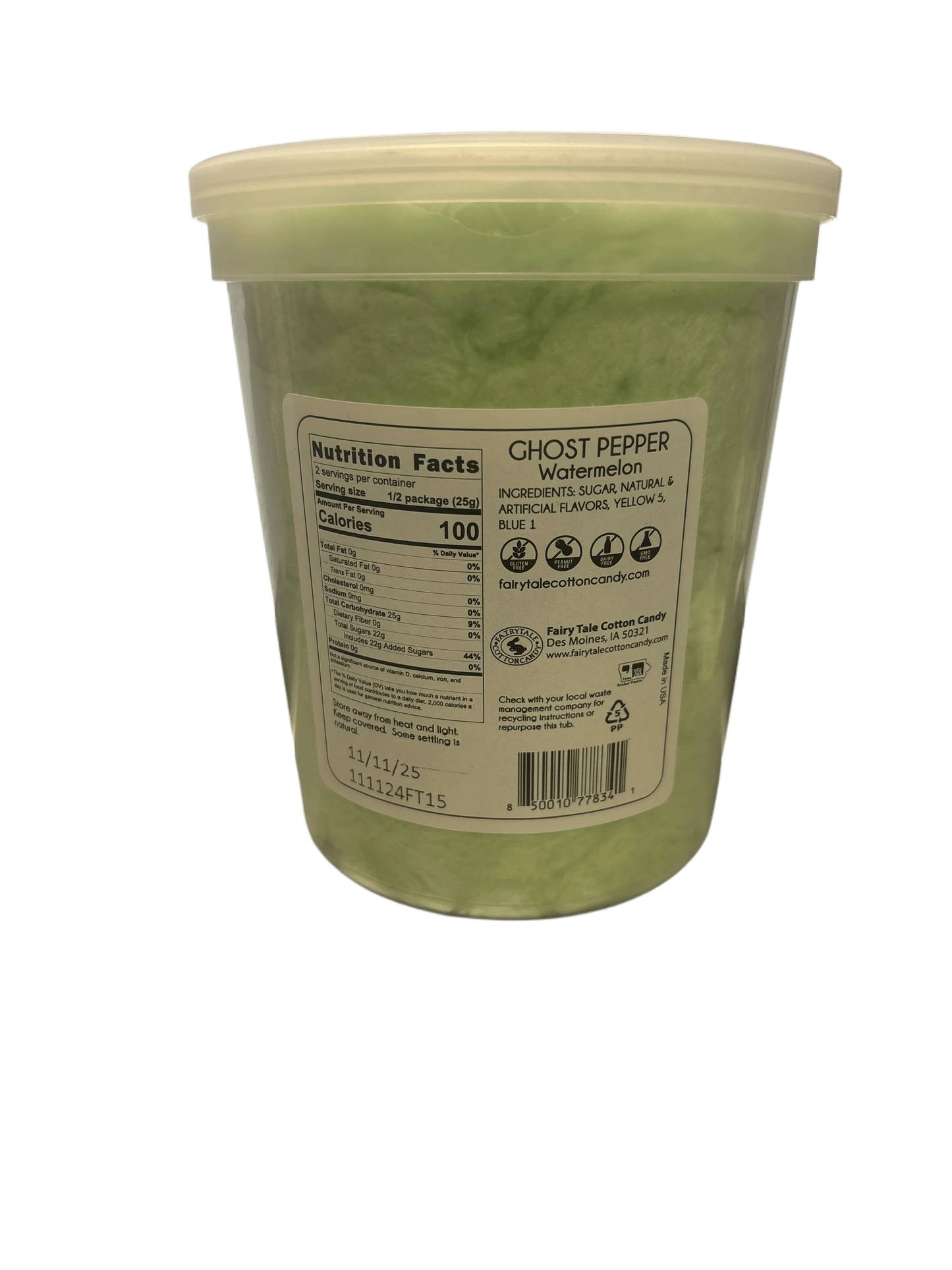 Ghost Pepper Watermelon cotton candy in a clear plastic tub with nutrition label