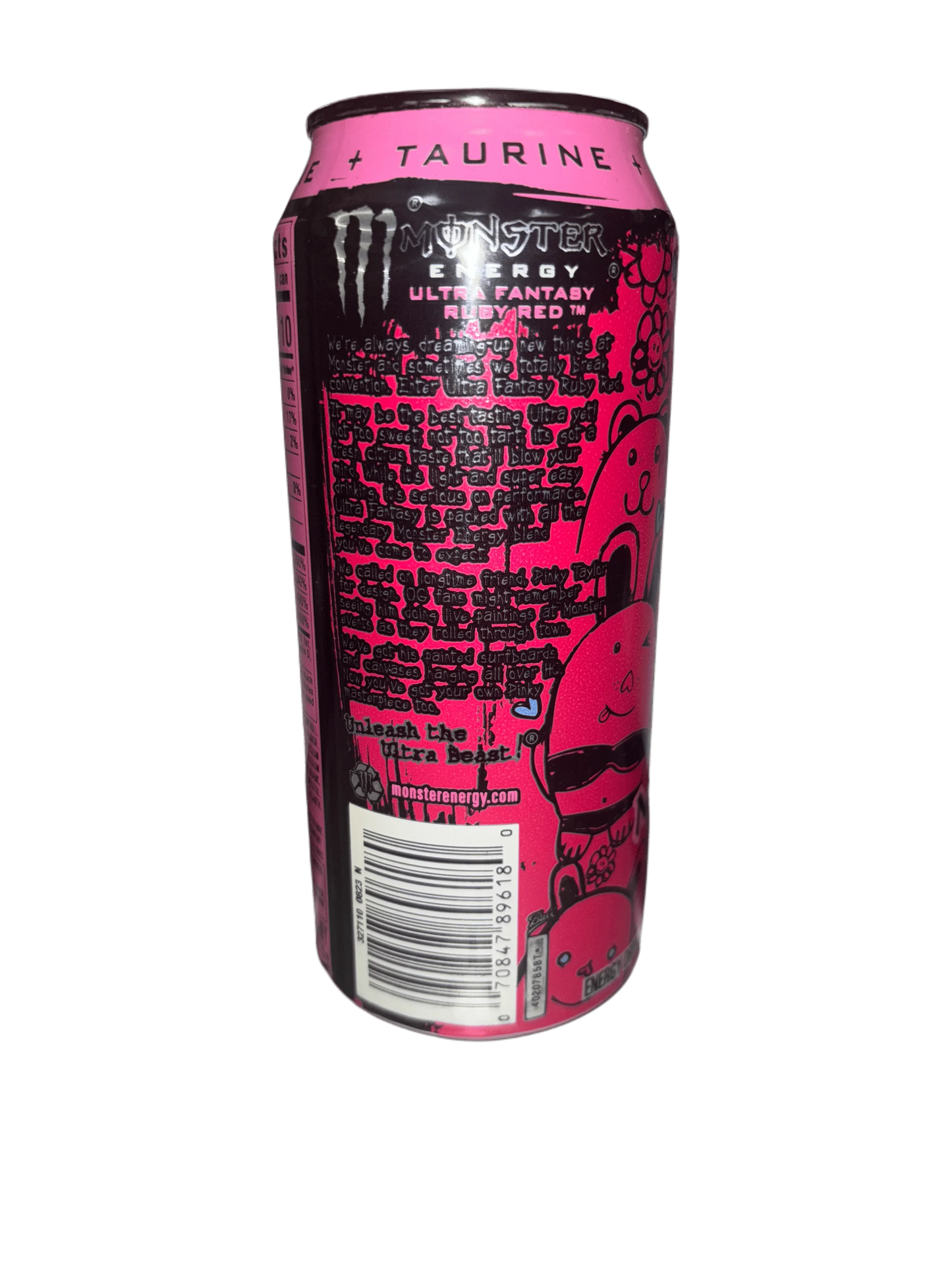 Monster Energy Ultra Fantasy Ruby Red drink can with pink design and cartoon graphics