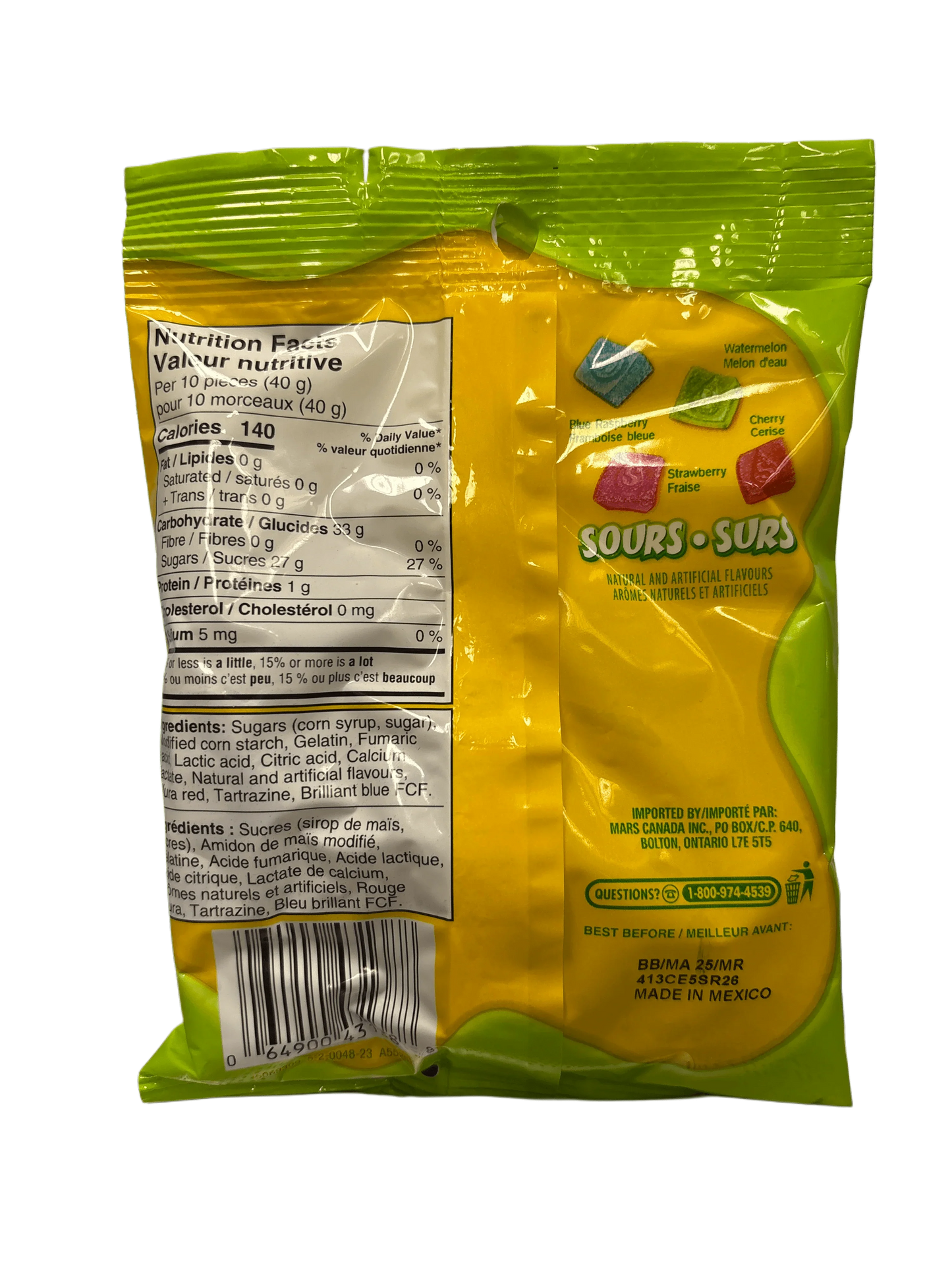 Back of exotic sour candy pack with nutrition facts, flavors, and barcode visible