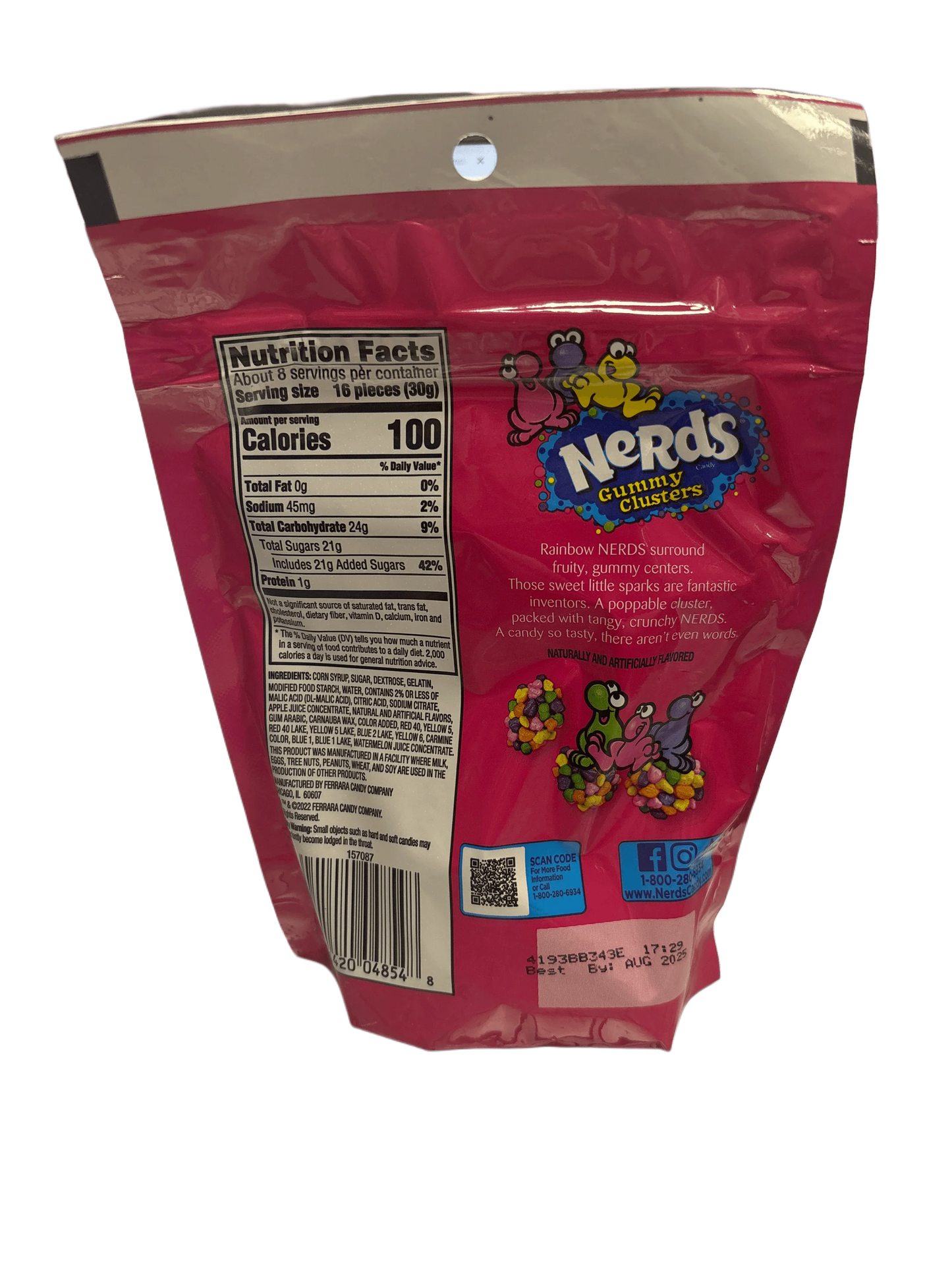 Back of Nerds Gummy Clusters candy bag with nutrition facts and colorful candy graphics