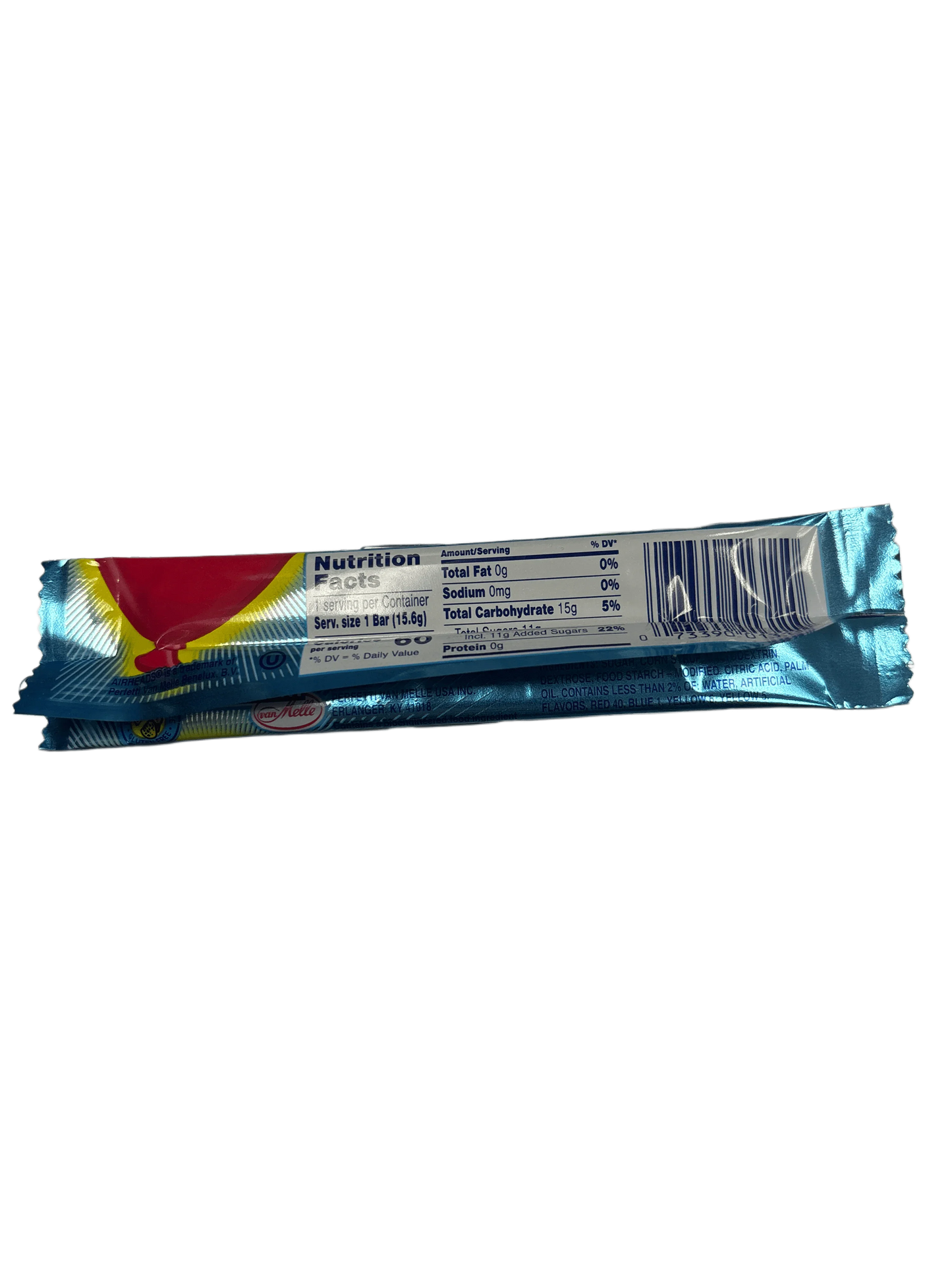 Back of exotic candy bar with nutrition facts and barcode, blue wrapper on black background