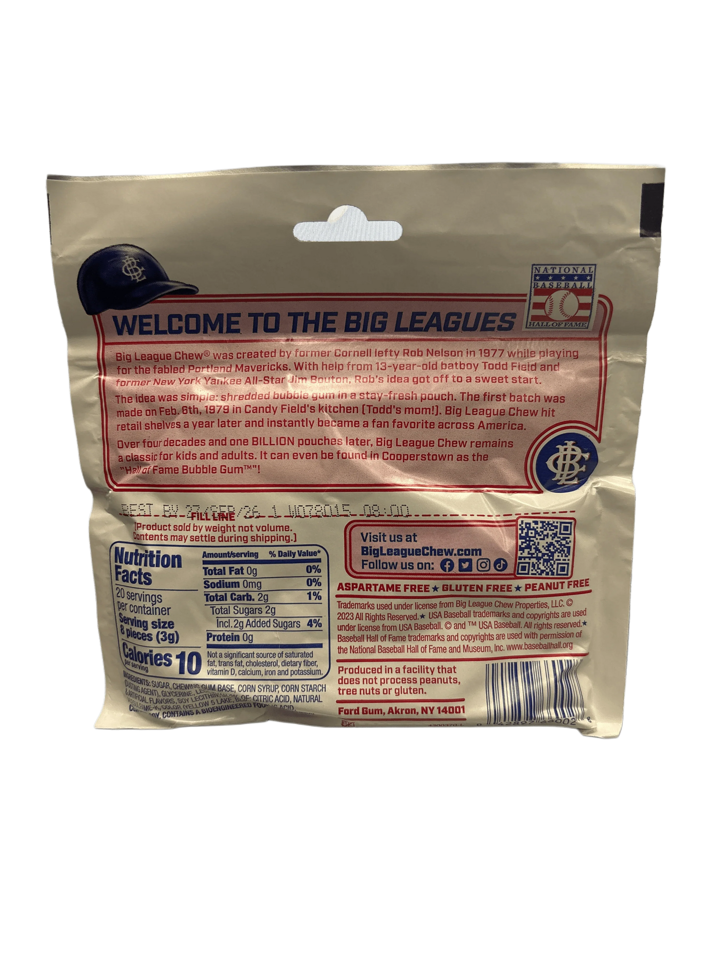 Back of Big League Chew bubble gum pouch with nutrition facts, ingredients, and branding
