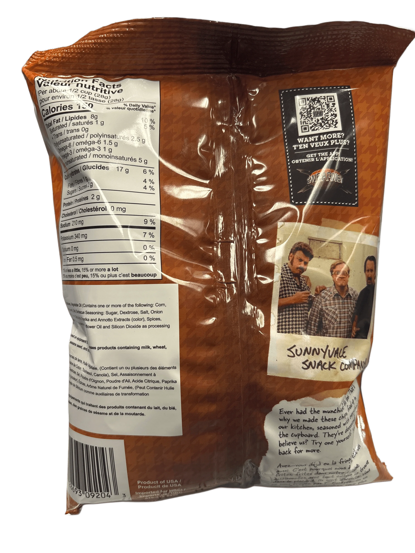 Back of a snack bag showing nutrition facts, ingredients, and Sunnyvale Snack Company branding