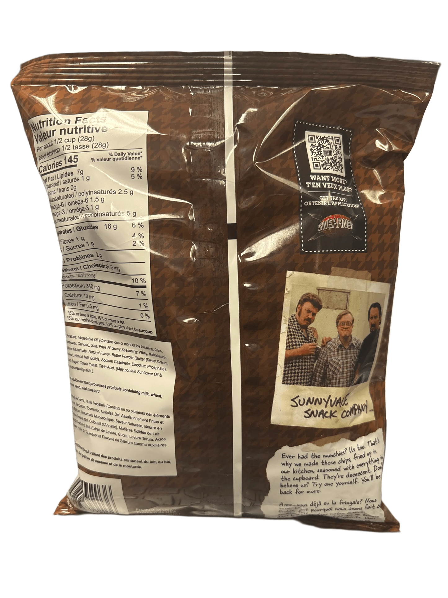 Back of exotic snack bag with nutrition facts, QR code, and Sunnyvale Snack Company photo.
