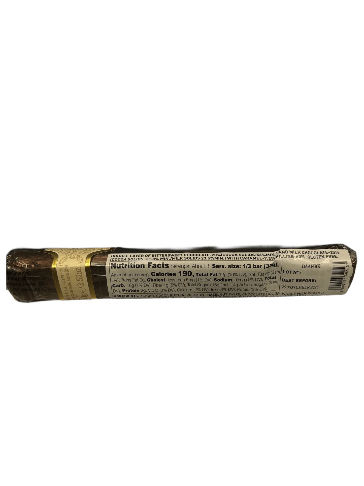 Imported chocolate bar with caramel filling, nutrition facts label visible on packaging