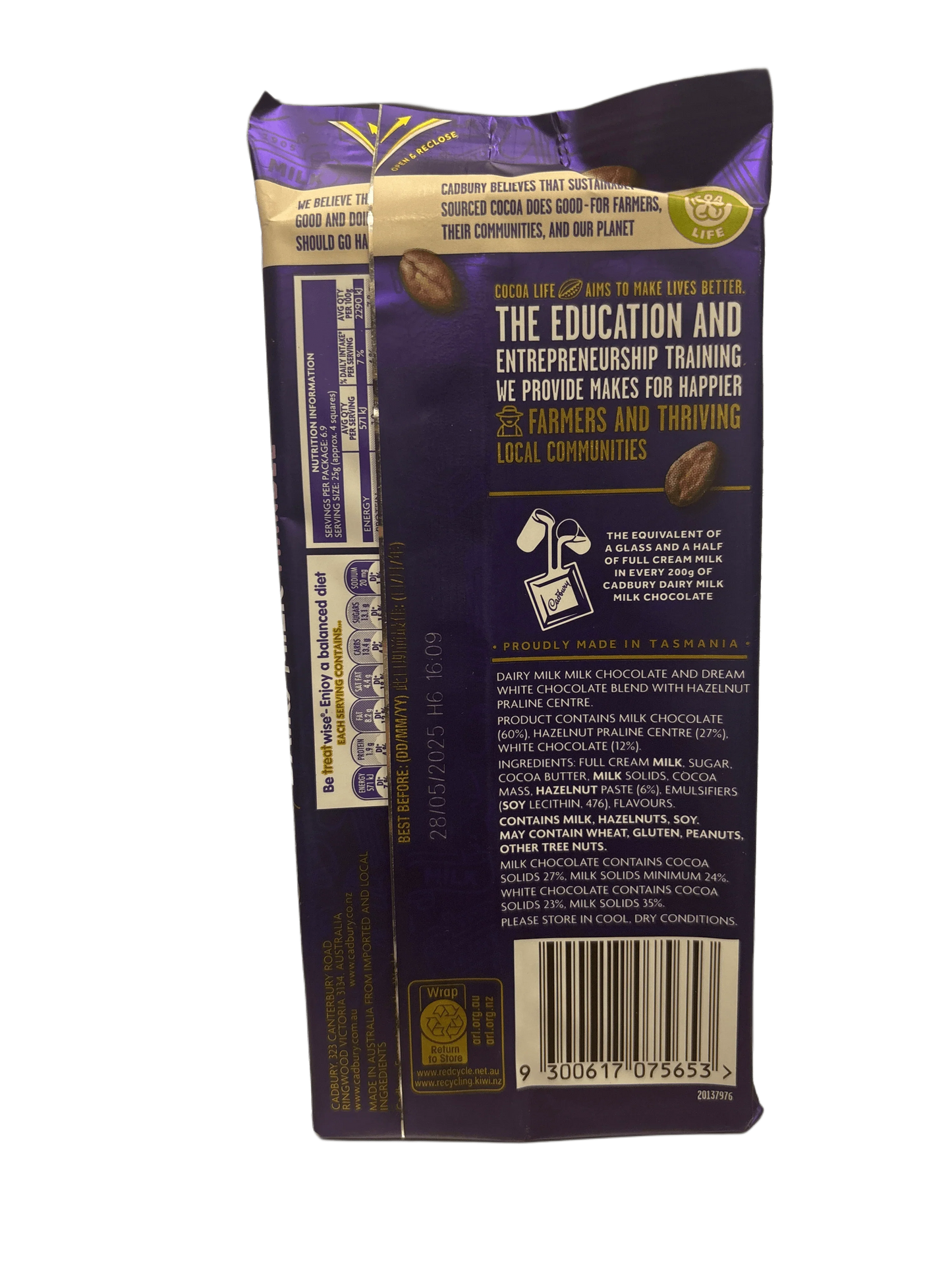 Back of Cadbury chocolate bar with nutrition facts and sustainability message