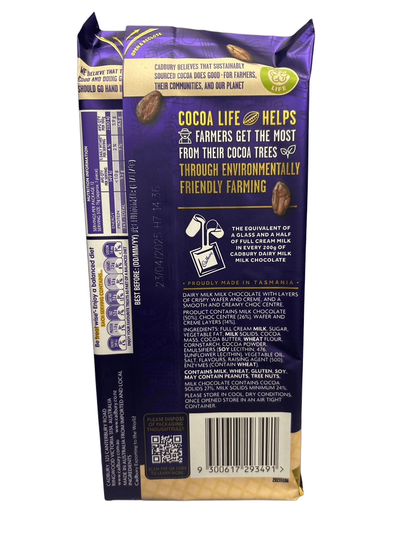 Back of a chocolate snack bar package with nutrition facts, sustainability message, and barcode