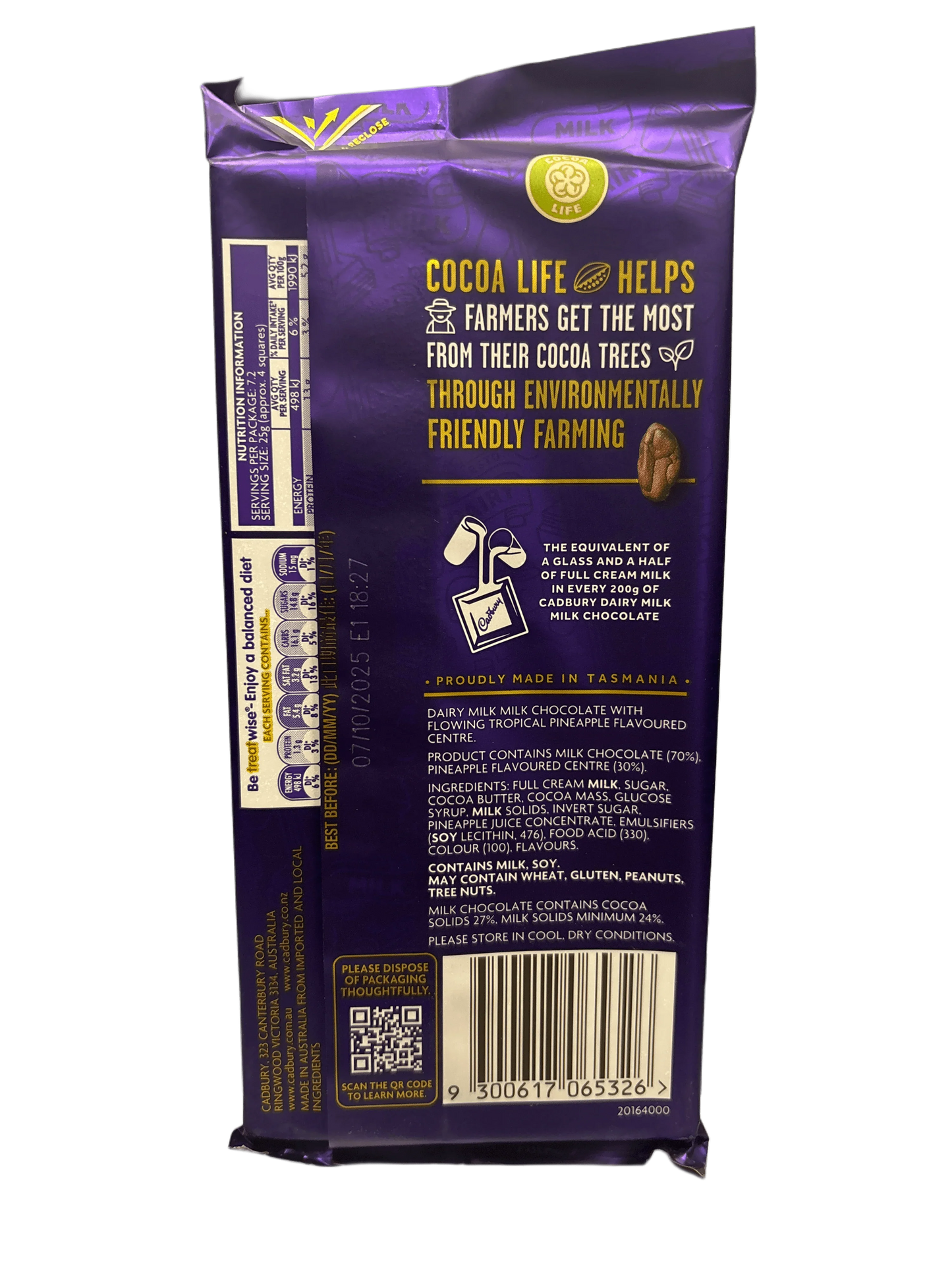 Back of imported milk chocolate bar with nutrition facts and cocoa sustainability information