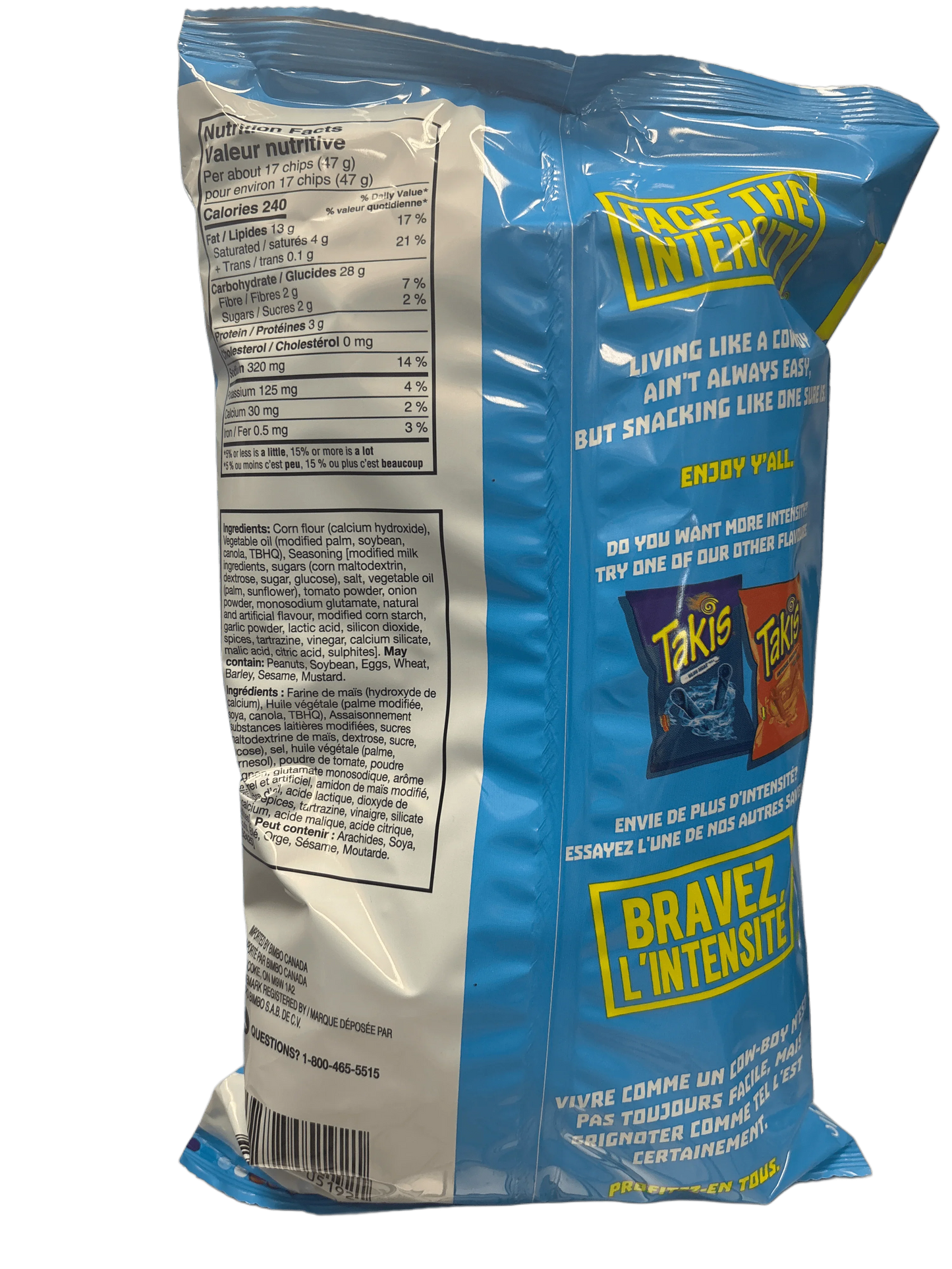 Back of a blue exotic snack bag with nutrition facts, ingredients, and bold branding text.