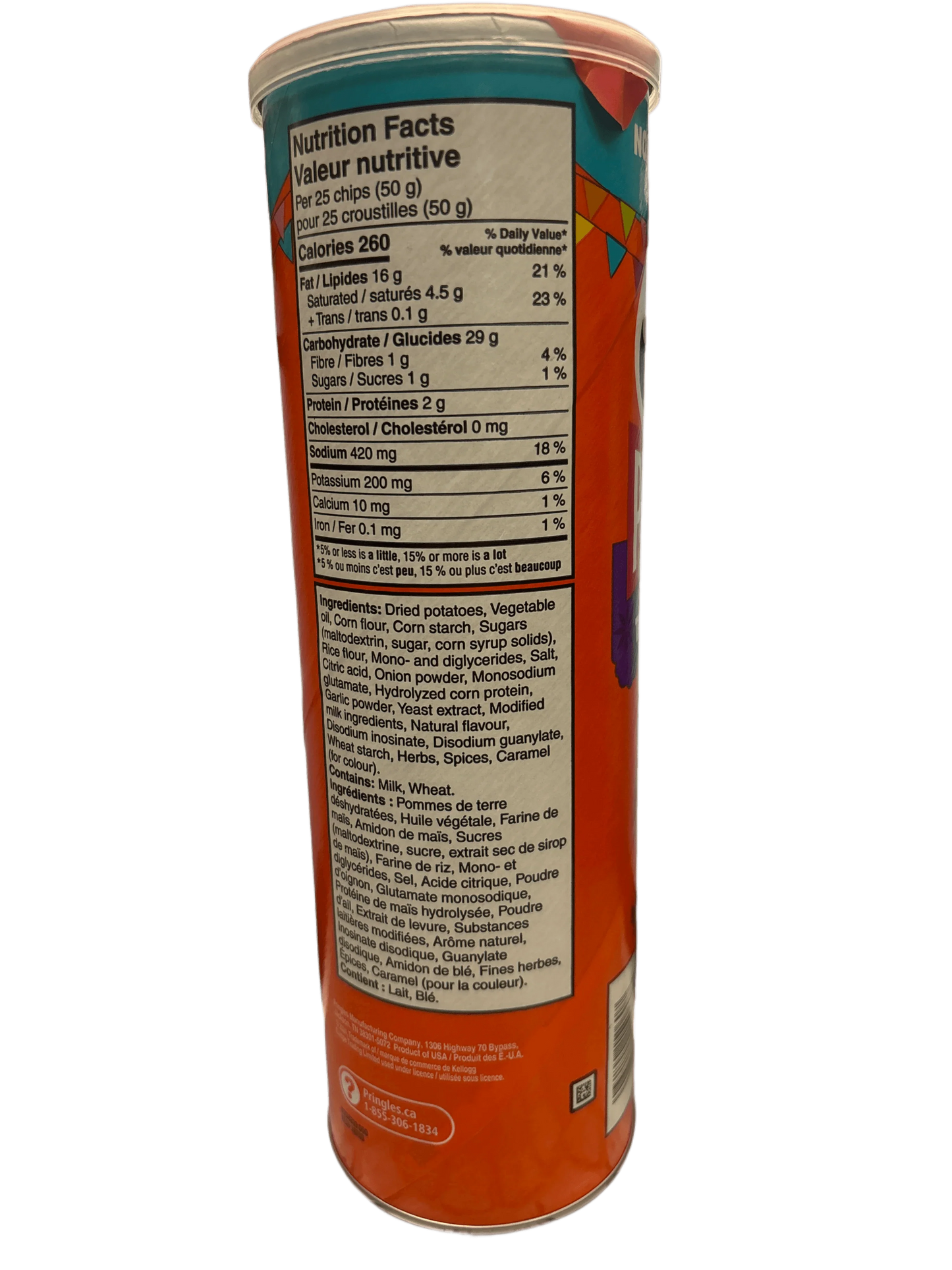 Pringles can with detailed nutrition facts and ingredients label, exotic potato chips snack