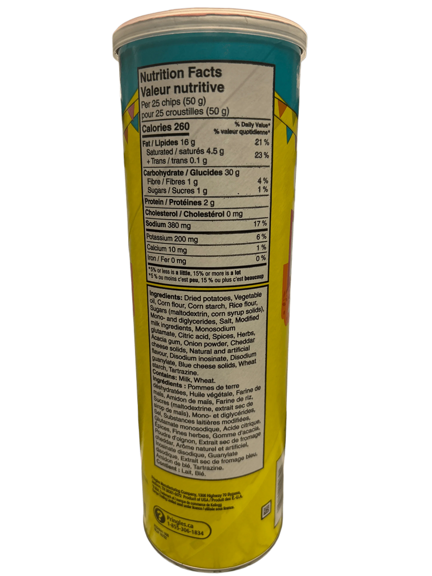 Back of a potato chips can showing nutrition facts and ingredients list, snack food product