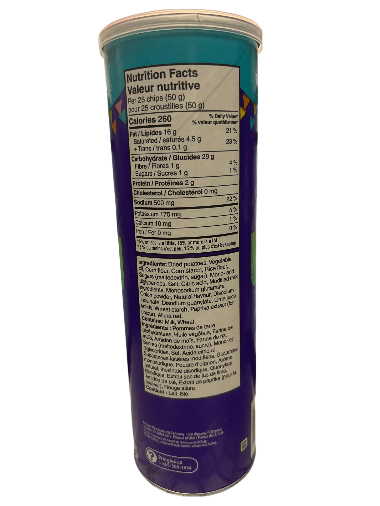 Back of a Pringles chips can showing nutrition facts and ingredients label.