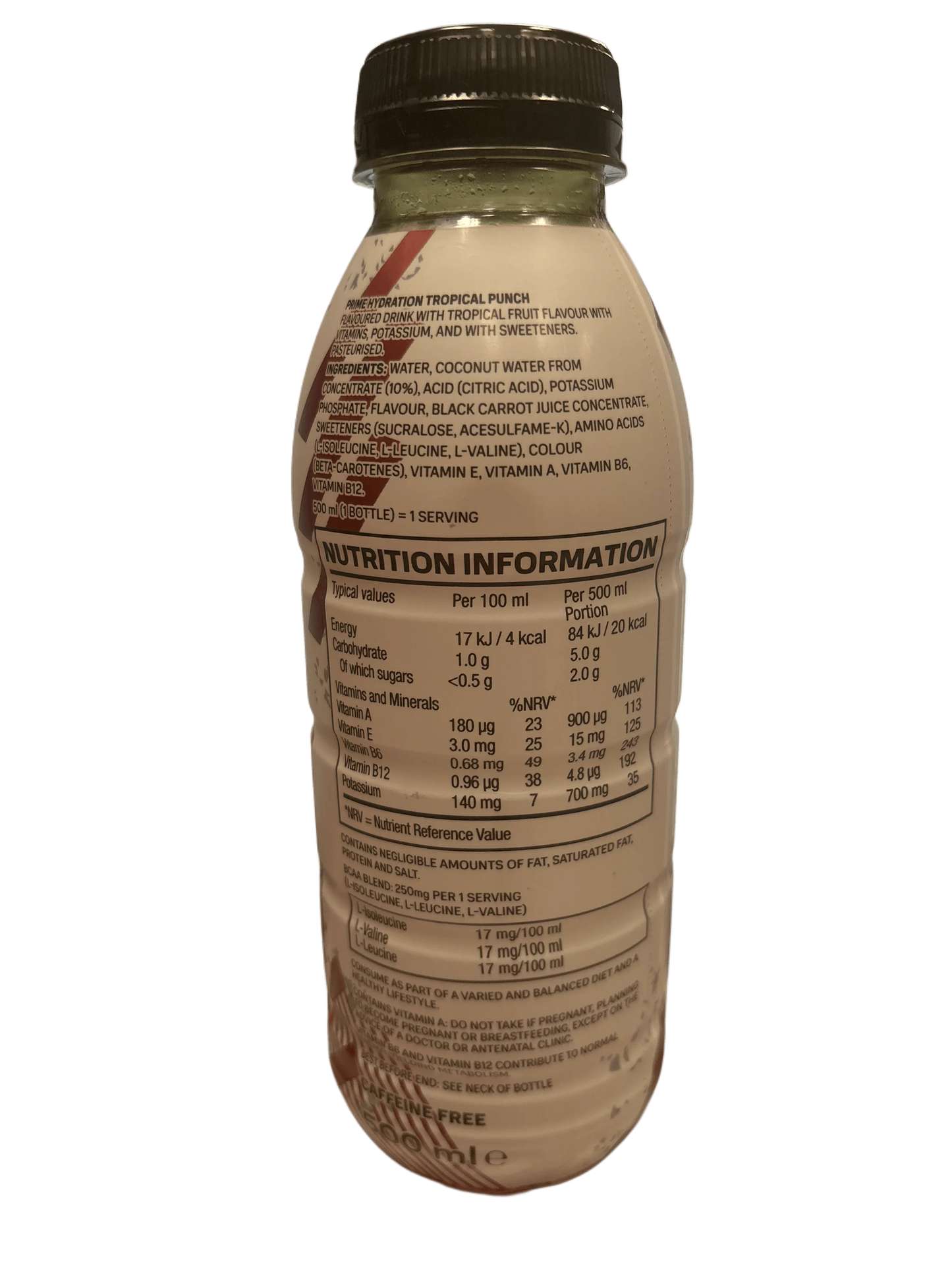 Back of tropical punch hydration drink bottle showing ingredients and nutrition facts