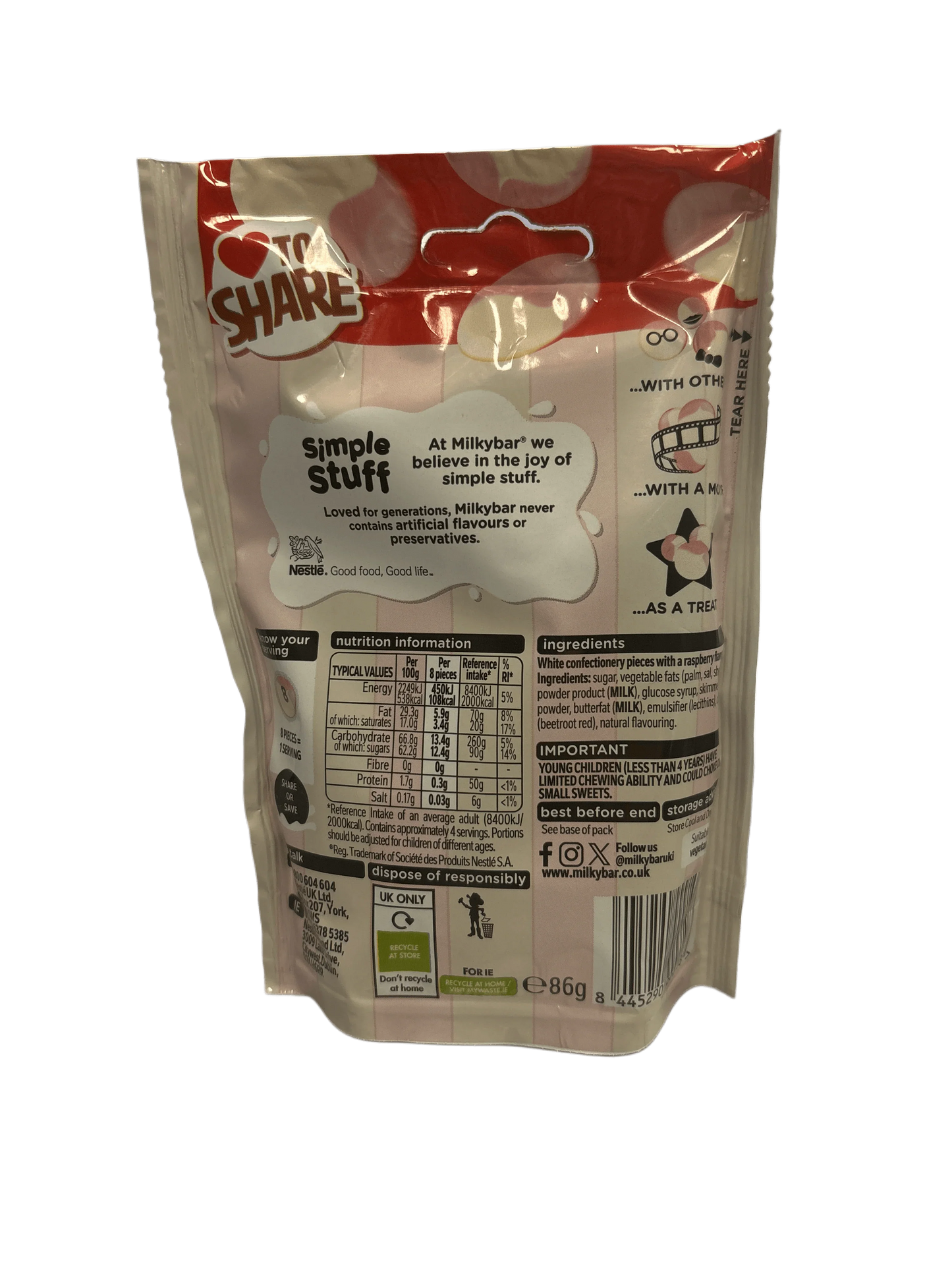 Back of Milkybar snack pack showing nutrition facts, ingredients, and sharing label
