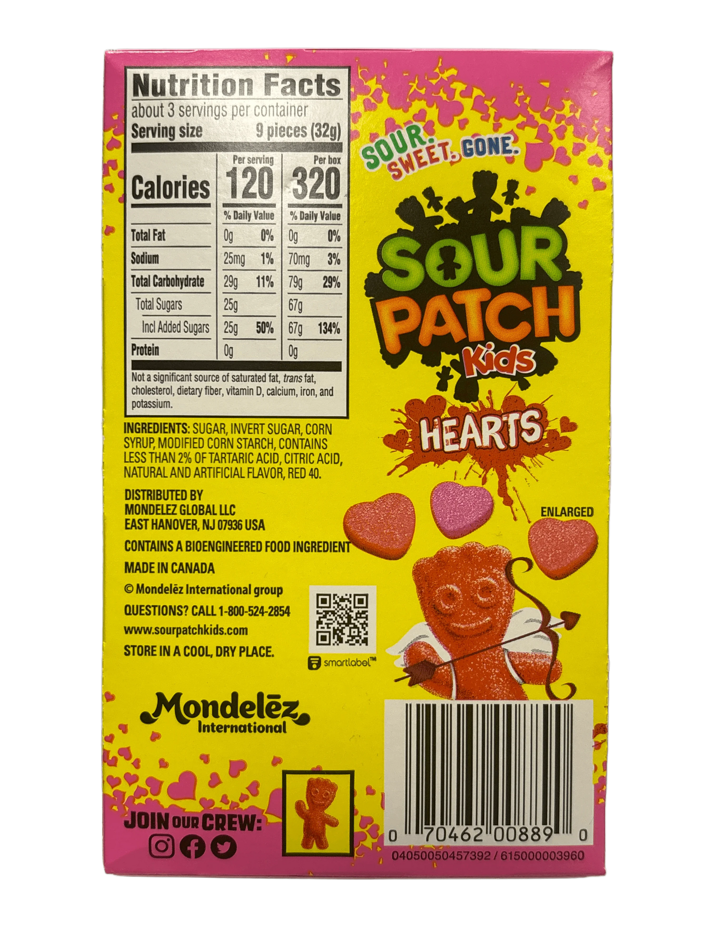 Sour Patch Kids Hearts candy box back with nutrition facts and heart-shaped gummies