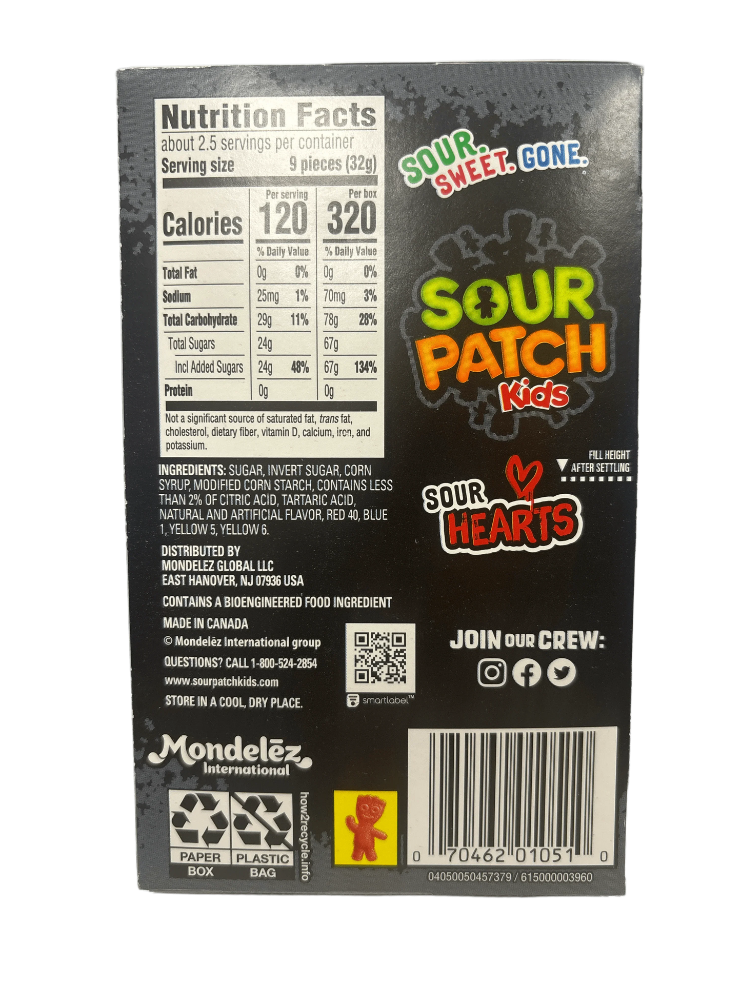 Back of Sour Patch Kids Sour Hearts candy box with nutrition facts and ingredients list