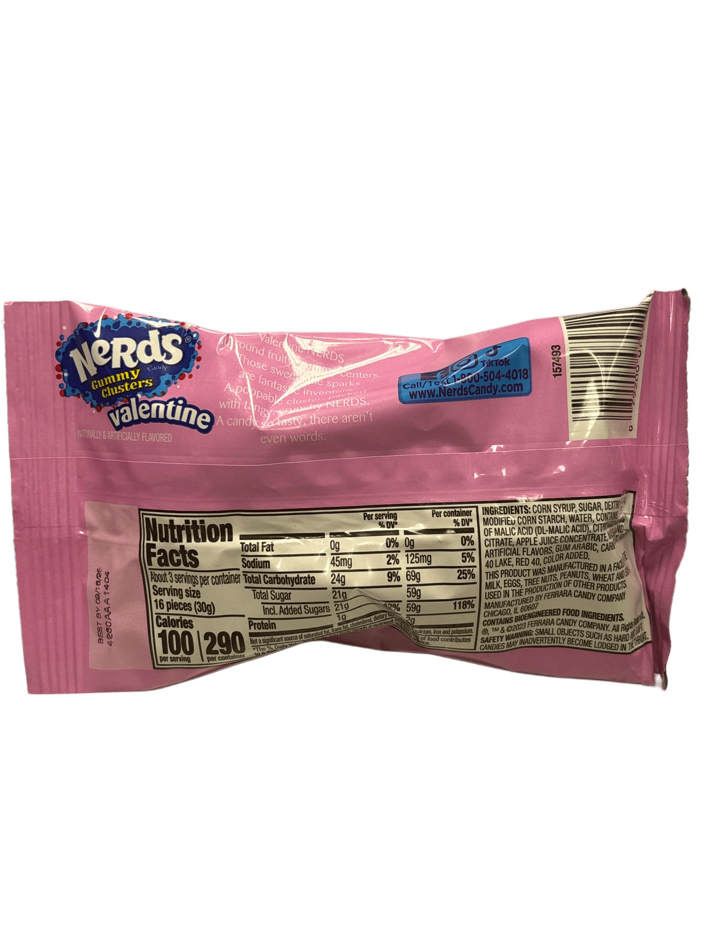 Back of Nerds Gummy Clusters Valentine candy bag with nutrition facts and pink packaging