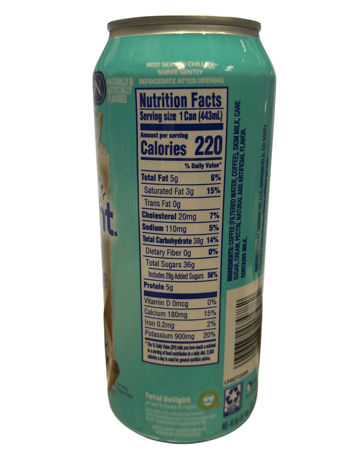 Close-up of turquoise canned drink showing nutrition facts and ingredients label