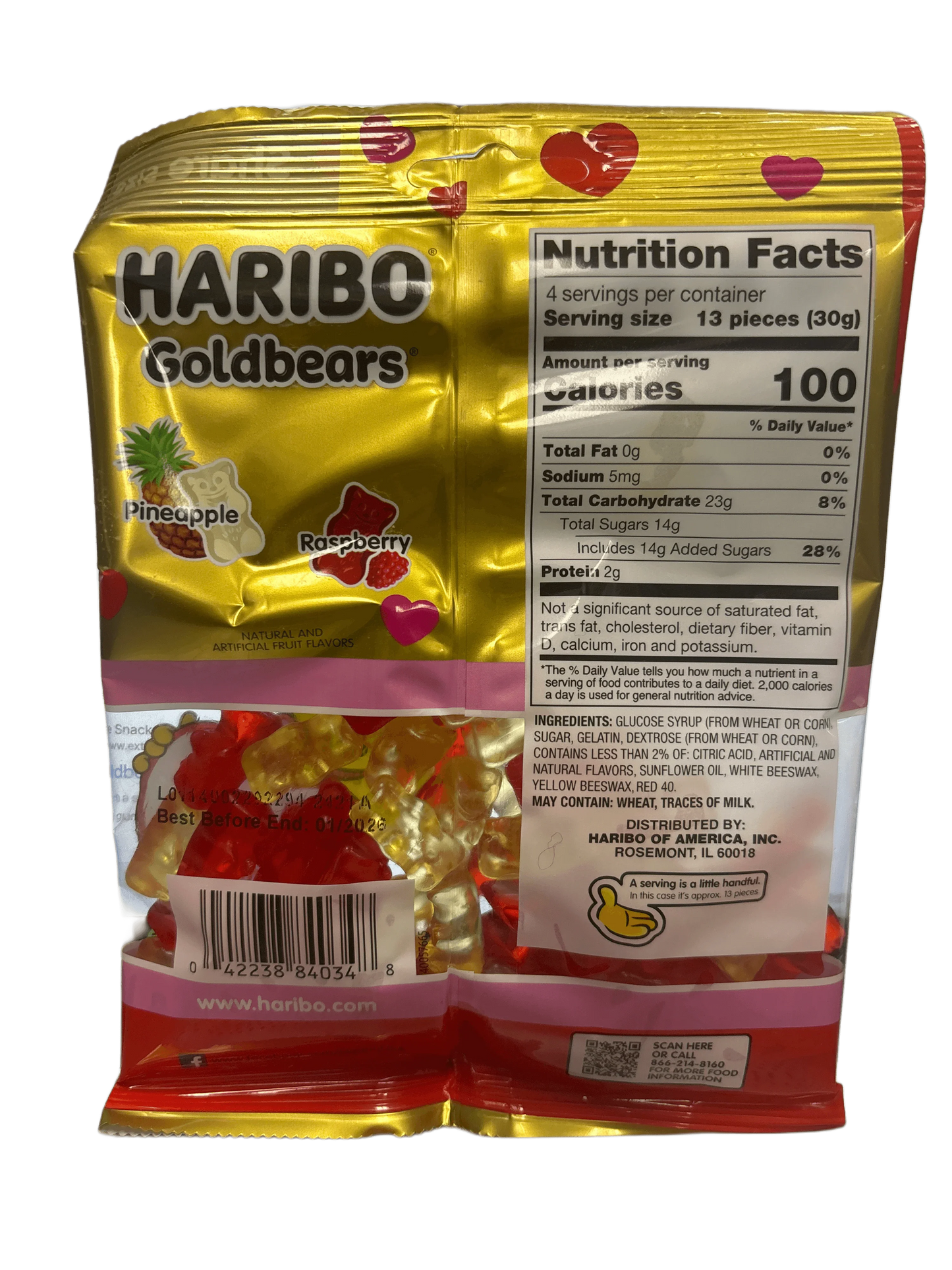 Back of Haribo Goldbears gummy candy bag, featuring pineapple and raspberry flavors, with nutrition facts and ingredients visible.