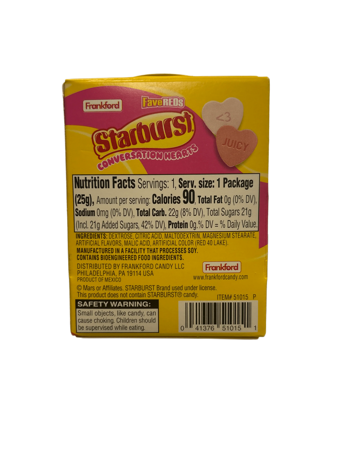Back of Starburst Conversation Hearts candy box showing nutrition facts and safety warning