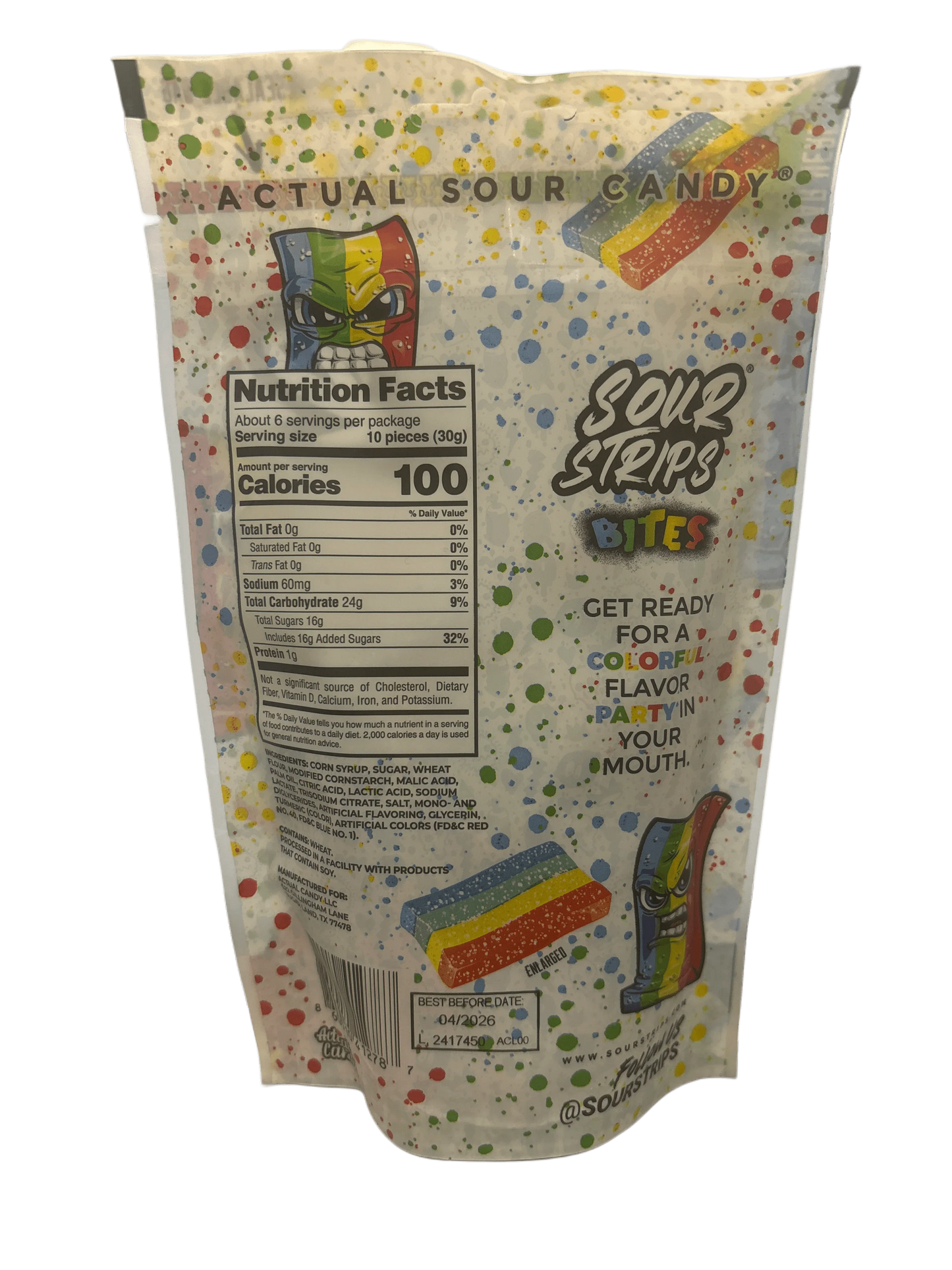 Back of Sour Strips Bites candy bag with nutrition facts, colorful sour candy pieces