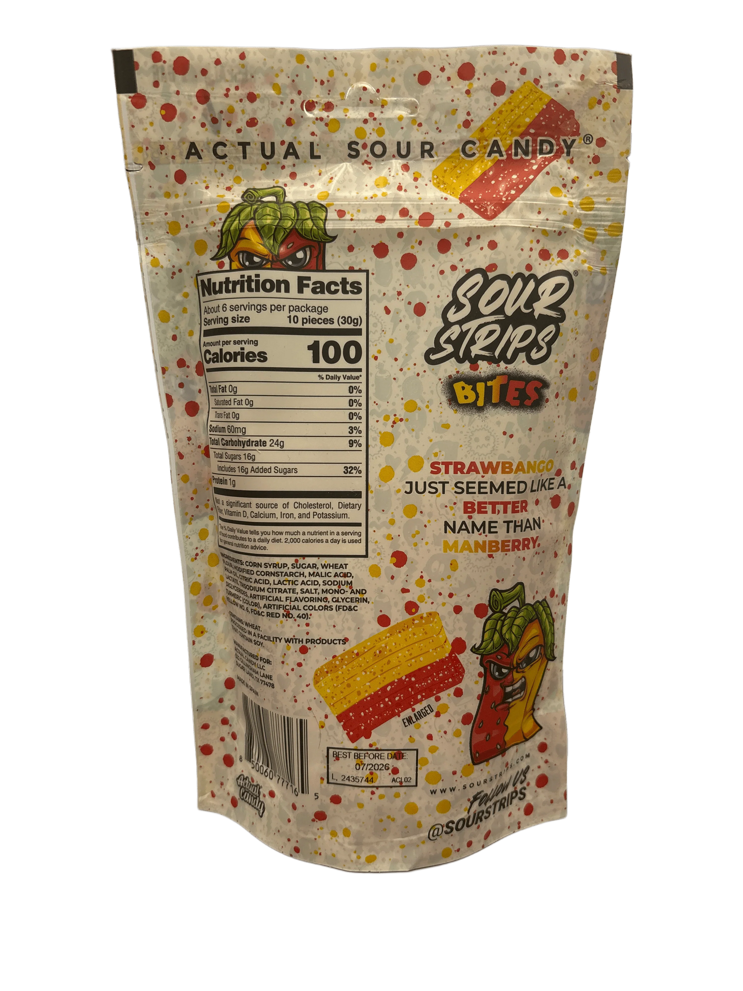 Back of Sour Strips Bites candy bag with nutrition facts and colorful sour candy illustration